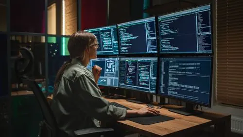 Automating workflows for seamless collaboration in a US-based cybersecurity firm – young woman facing evenly distributed monitors displaying programming code