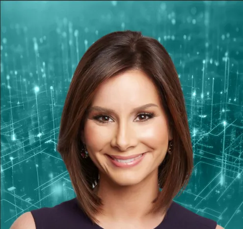 Smiling woman with shoulder-length brown hair and a digital teal background with glowing lines.
