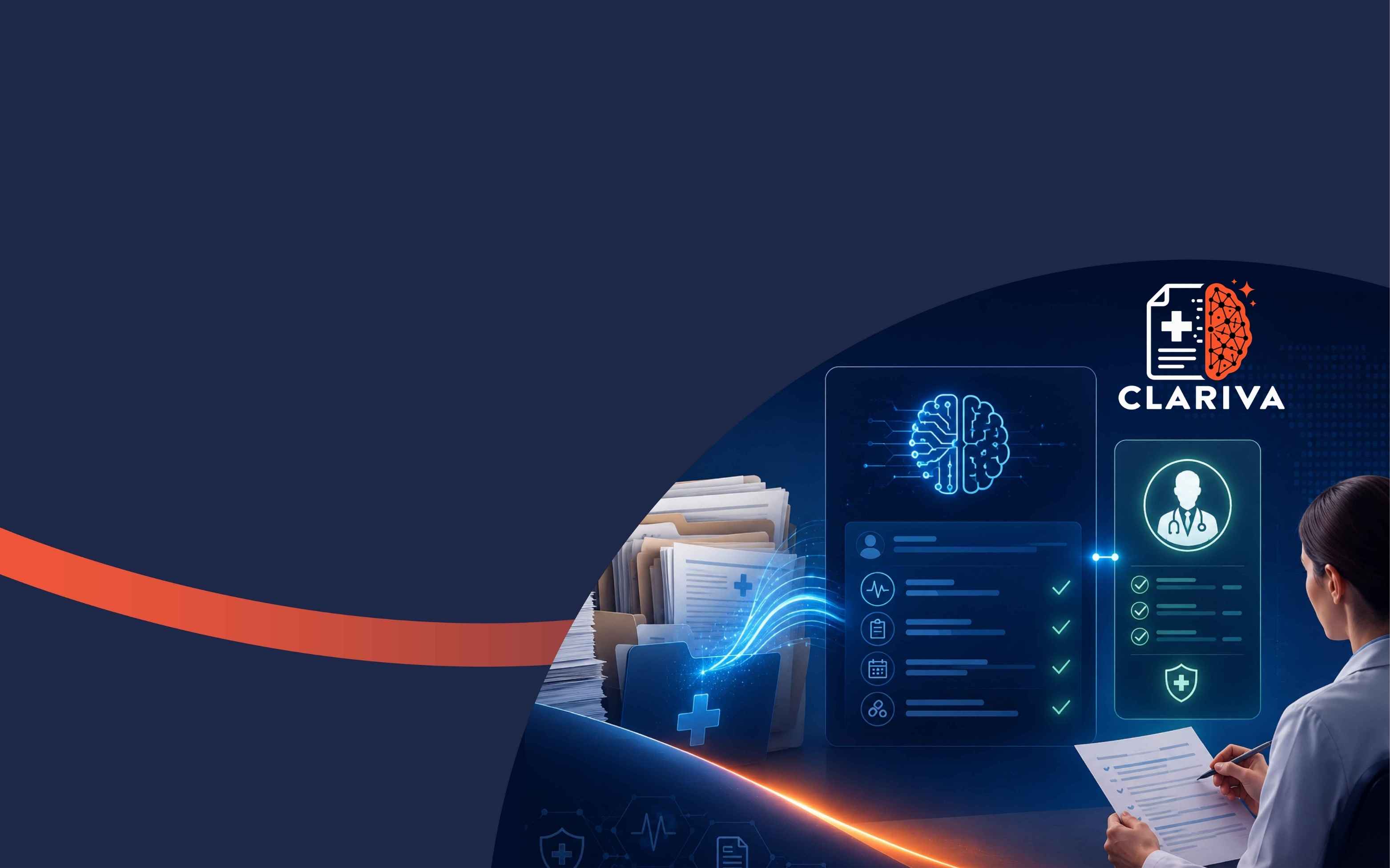 Medical professional reviewing digital health records with Clariva AI system visuals and documents.