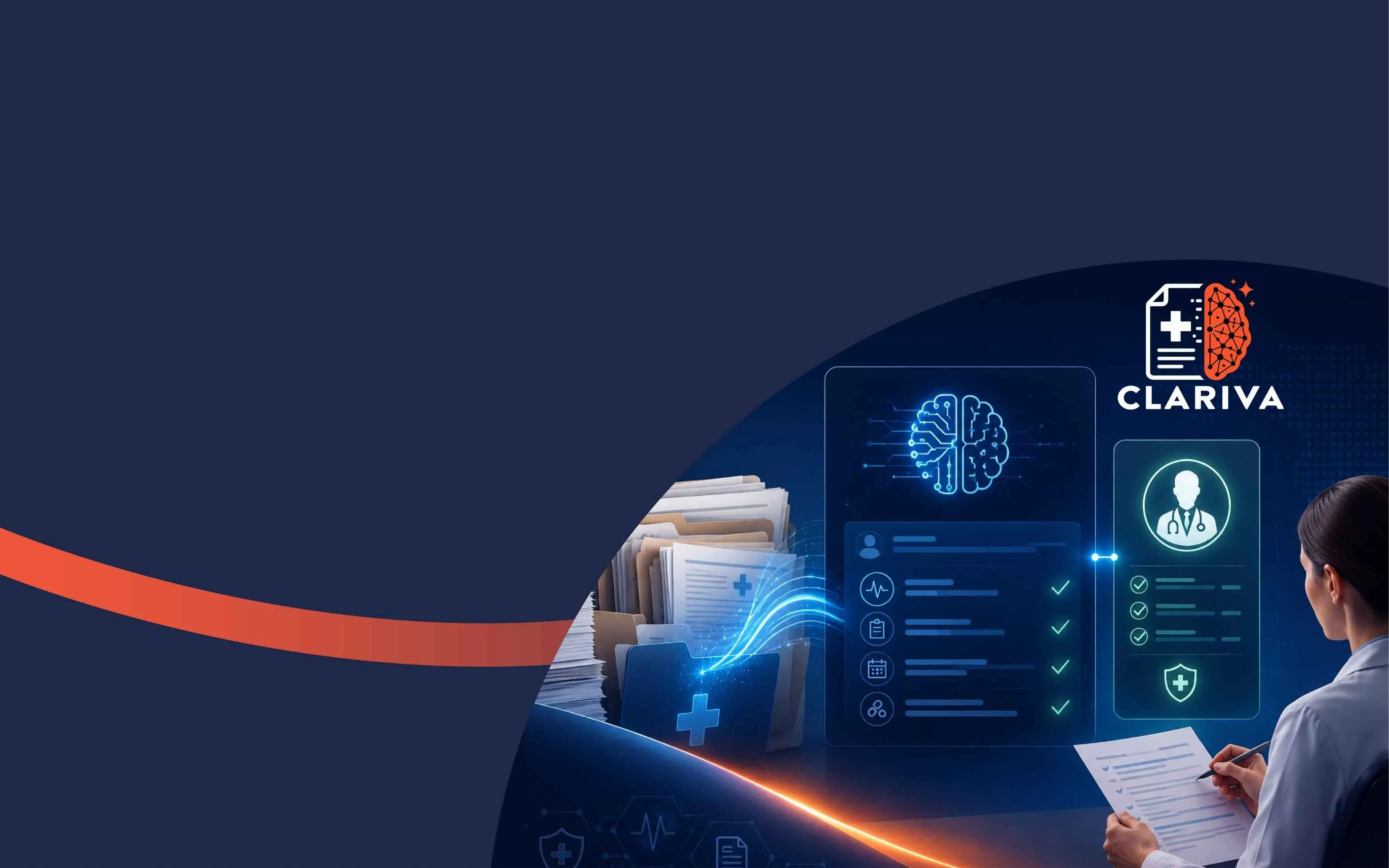 Medical professional reviewing digital health records with Clariva AI system visuals and documents.