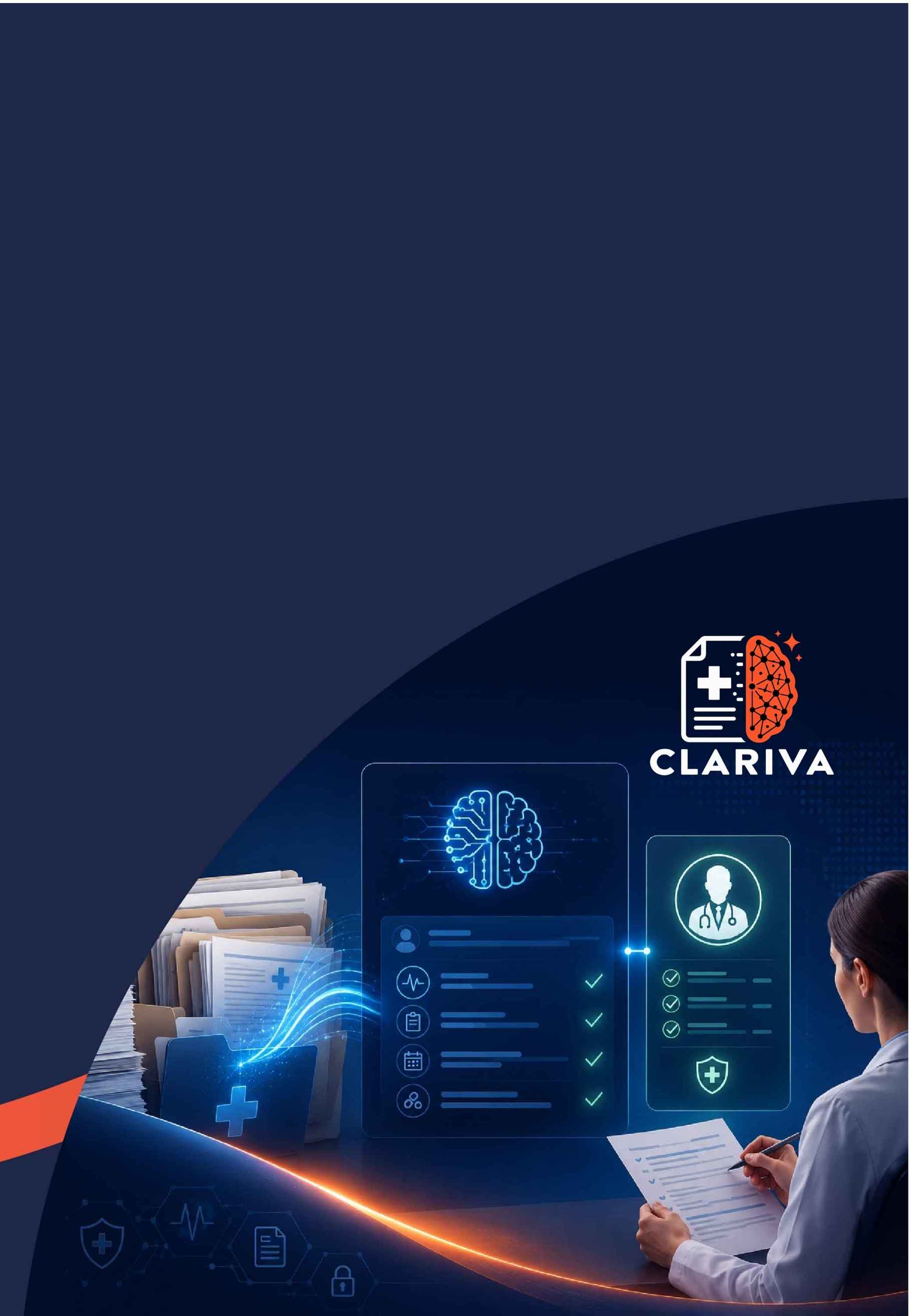 Medical professional reviewing digital health records with AI brain icon and Clariva logo.