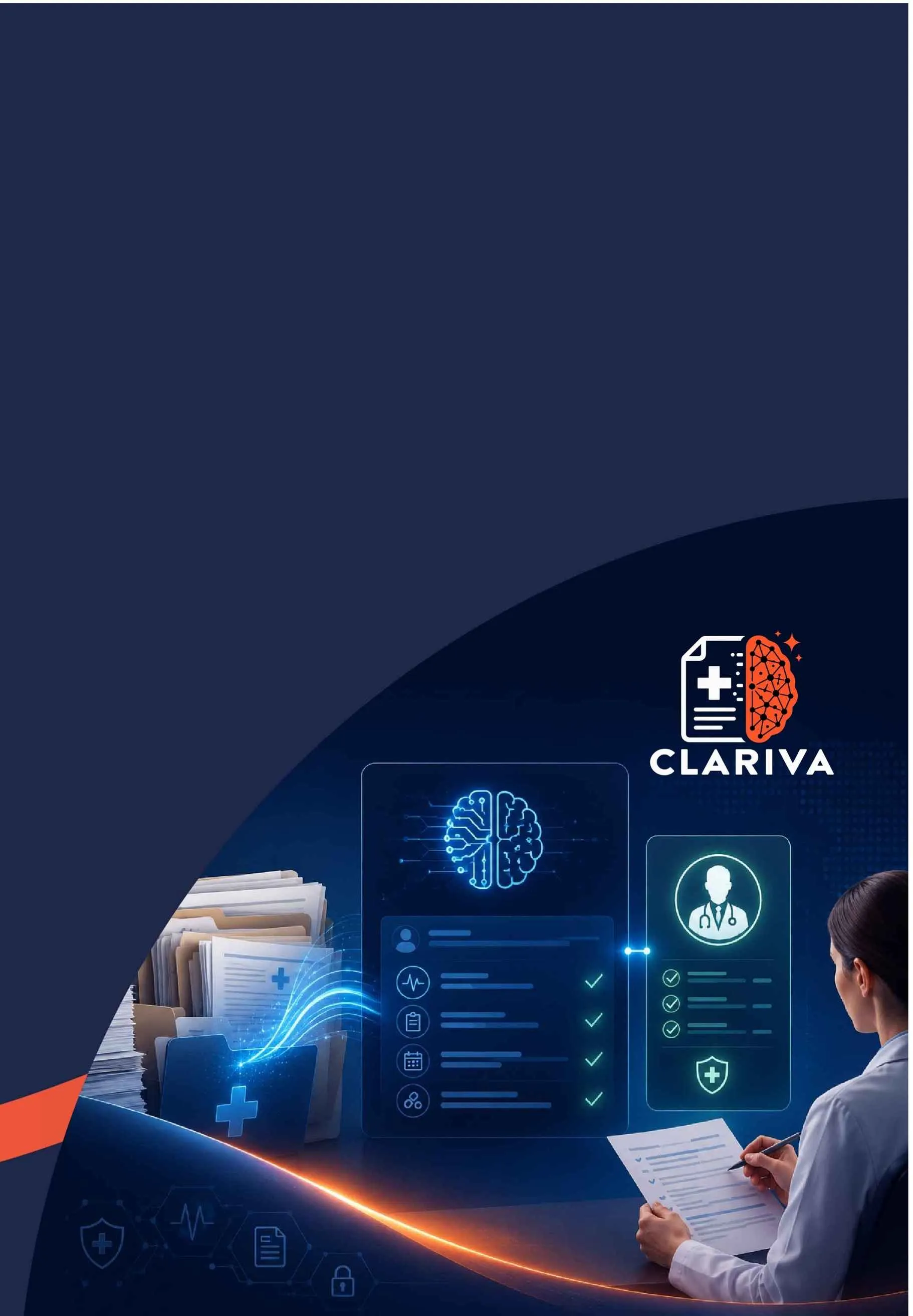 Medical professional reviewing digital health records with AI brain icon and Clariva logo.