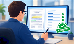Person at desk reviewing a document on a computer screen with a verified checkmark badge.
