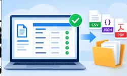Laptop screen with approved document exporting files in CSV, JSON, and PDF formats to a folder.