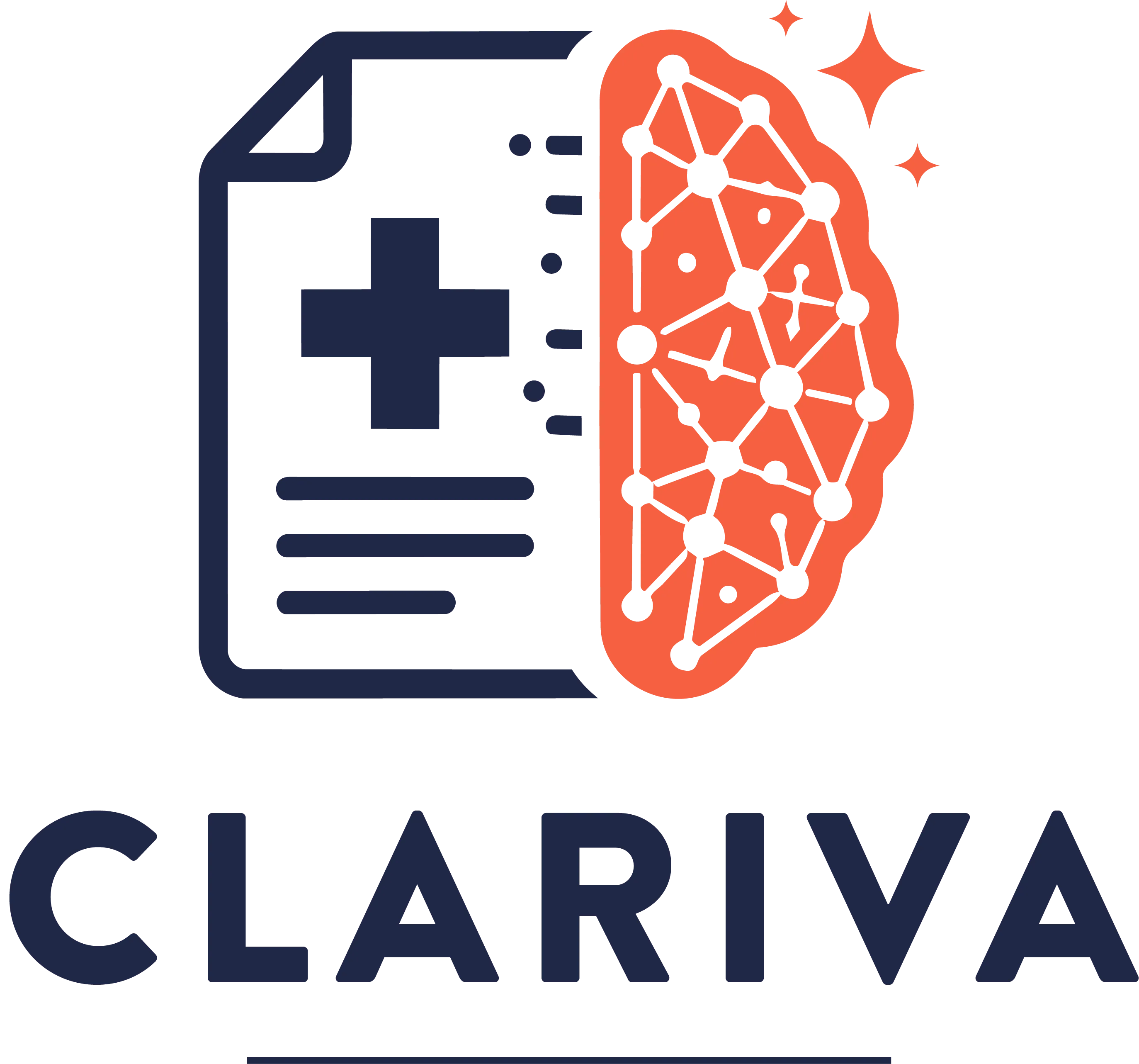 Logo with document and medical cross on left, connected to orange brain network on right, Clariva text below.