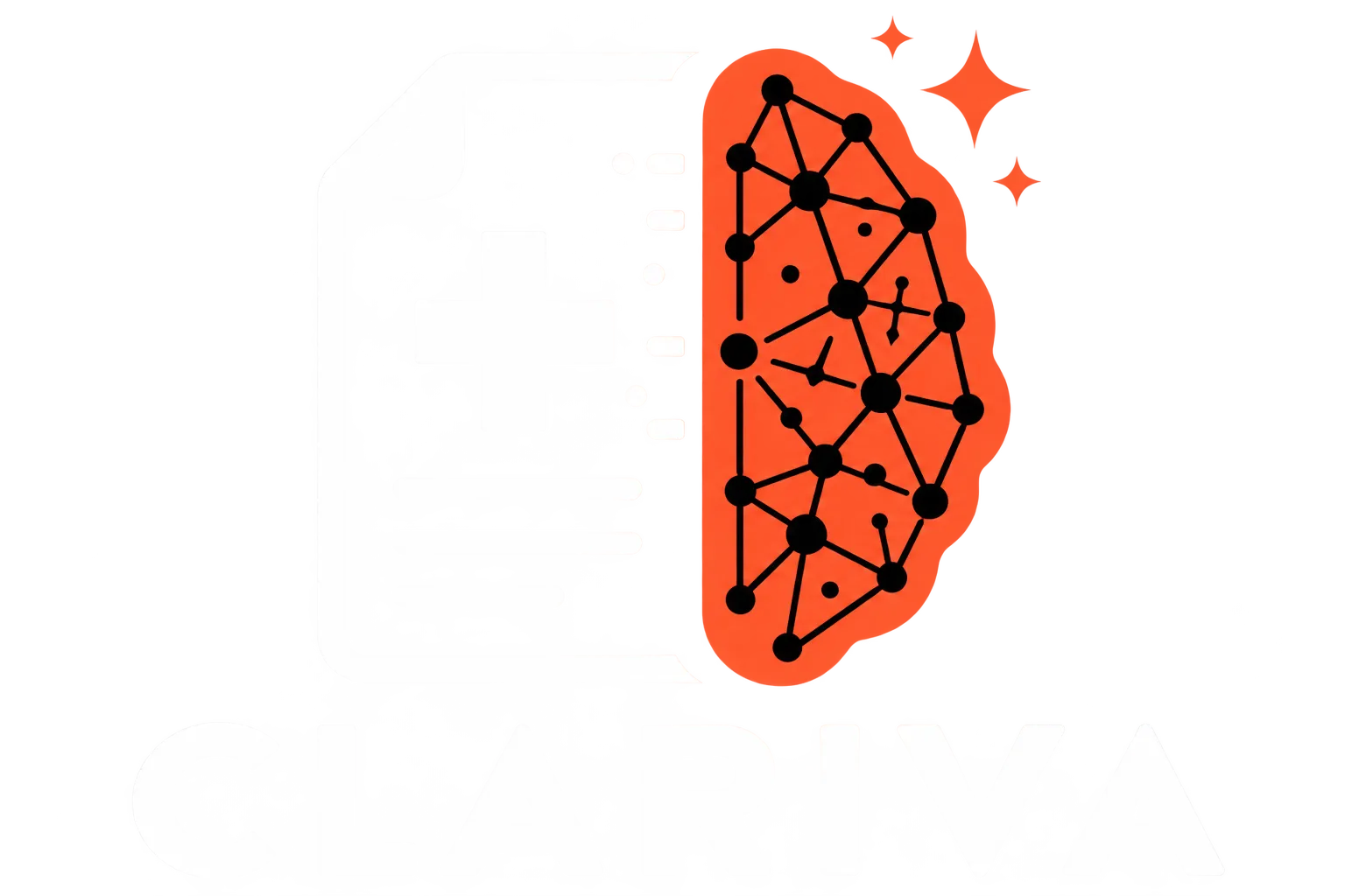 Clariva logo combining a medical document icon and a connected neural network brain graphic.