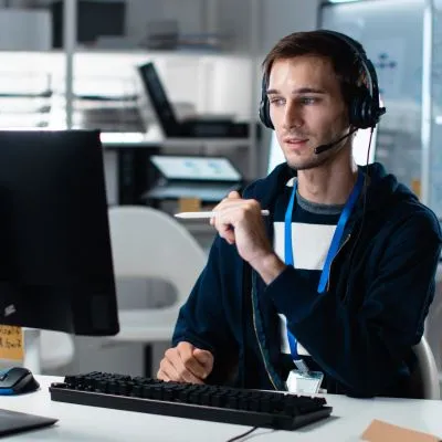 Man wearing a headset with microphone sitting at a desk, interacting with a computer monitor in an office setting.
