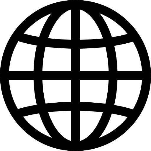 Pixelated black and white globe icon with grid lines representing the world or internet.