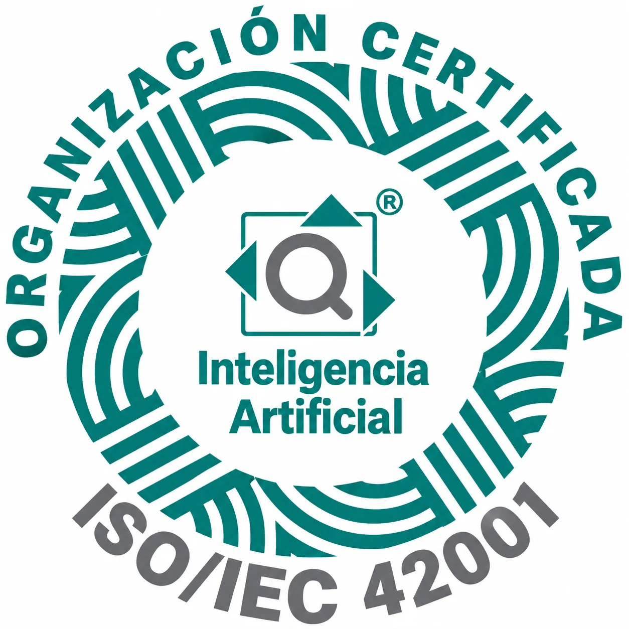 Circular certification badge with a stylized pattern border. Inside, there is a magnifying glass icon over green triangles and a square, with the text 'Inteligencia Artificial' below it. Around the border, it reads 'ORGANIZACION CERTIFICADA' at the top and 'ISO/IEC 42001' at the bottom.