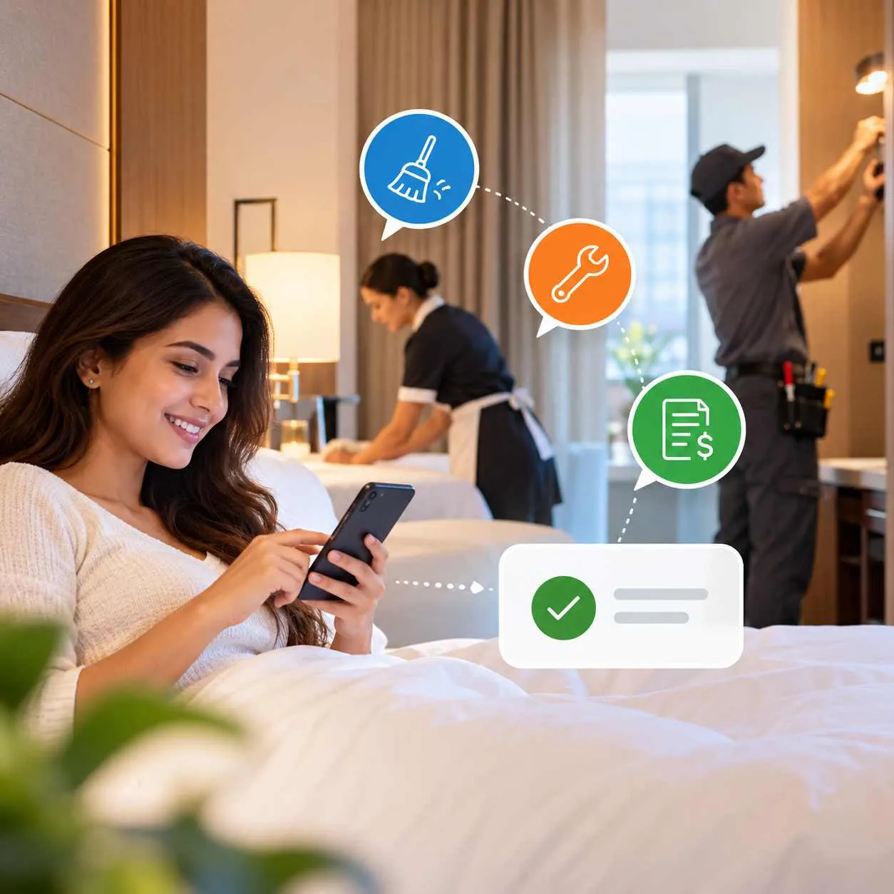 Smiling woman in a hotel bed using a smartphone, with a housekeeper cleaning a bed and a maintenance worker fixing a light in the background, surrounded by icons representing cleaning, maintenance, and billing services connected to a confirmation checkmark.