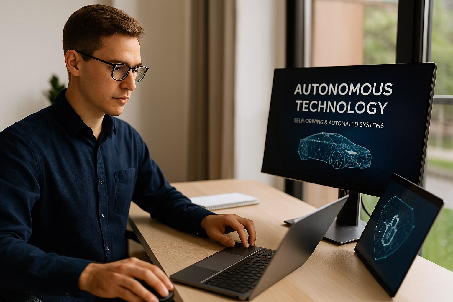 Young professional analyzing autonomous vehicle technology on desktop monitor and laptop in a modern, sunlit office with minimalistic decor