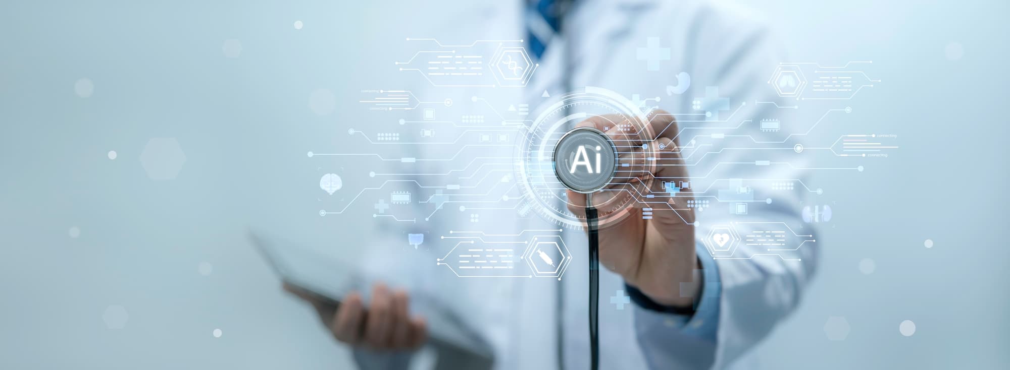 Medical worker touch virtual medical revolution and advance of technology Artificial Intelligence,AI Deep Learning for medical research,Transformation of innovation and technology for future Health