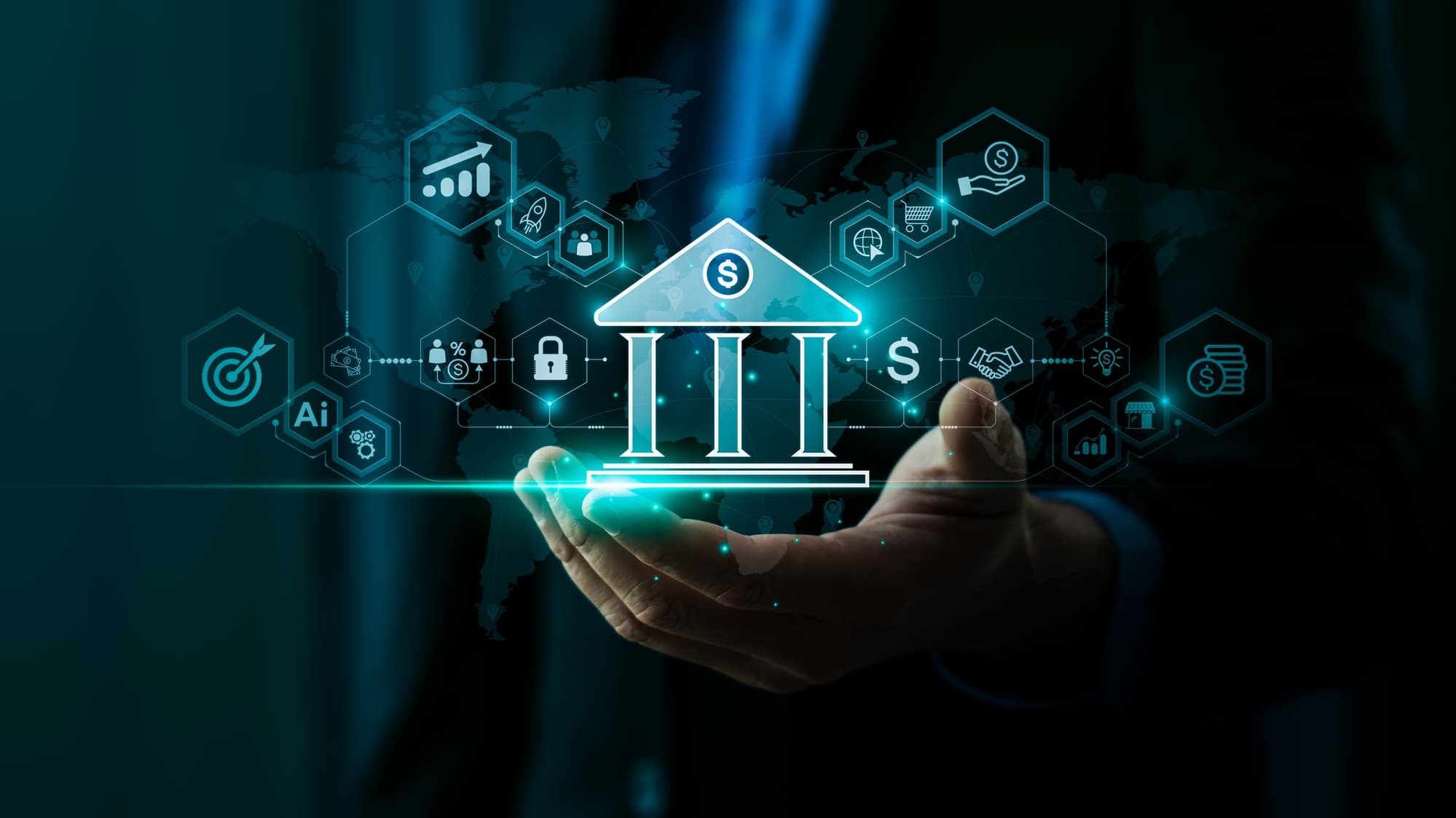 Innovative Financial Technology and Banking Concept with Digital Transformation, AI, Blockchain, and Analytics for Modern Finance, Global Economy, and Secure Online Transactions in a Virtual Banking