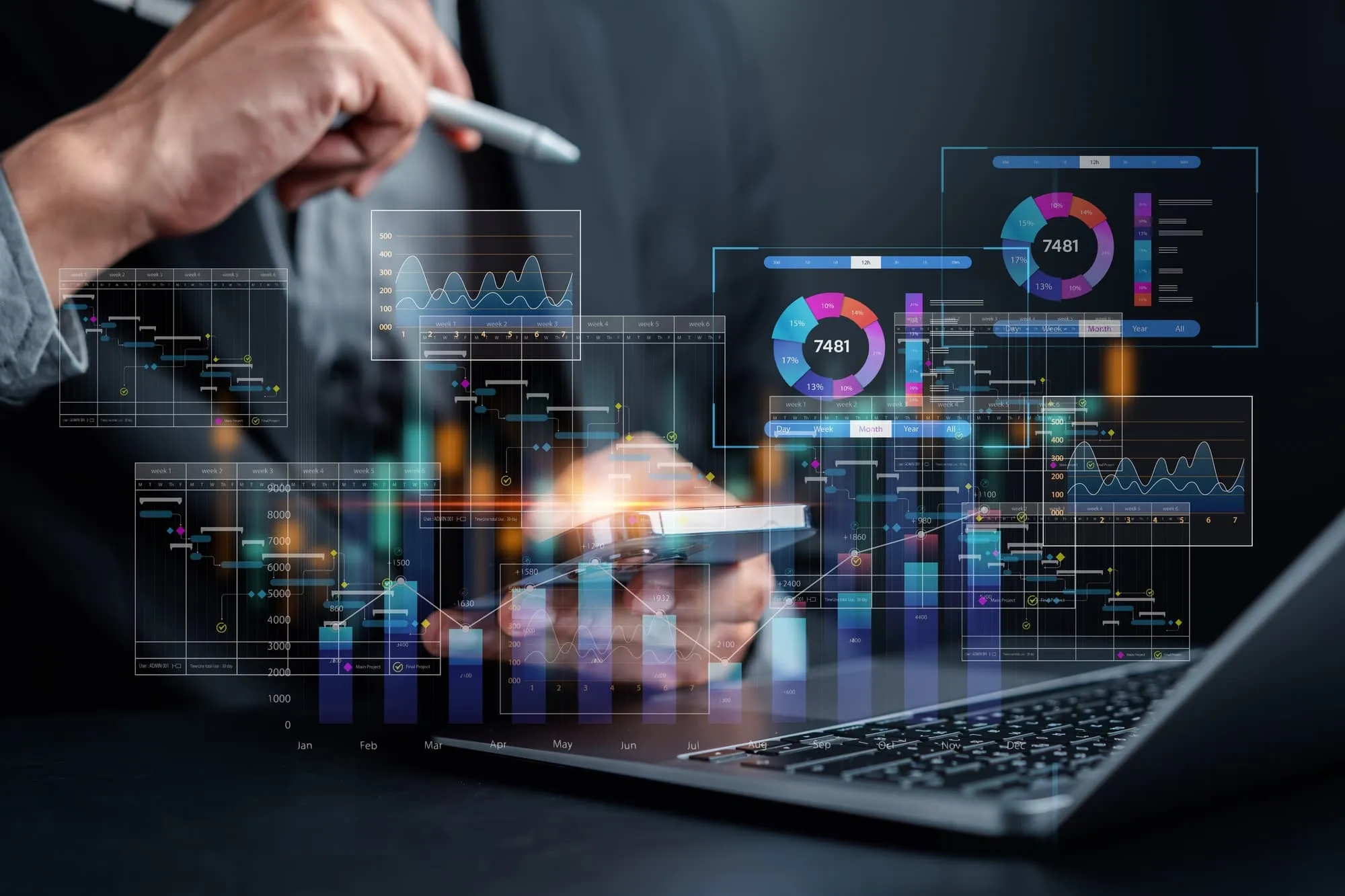 Analyst working with computer in Business Analytics and Data Management System to make report with KPI and metrics connected to database. Corporate strategy for finance, operations, sales, marketing.