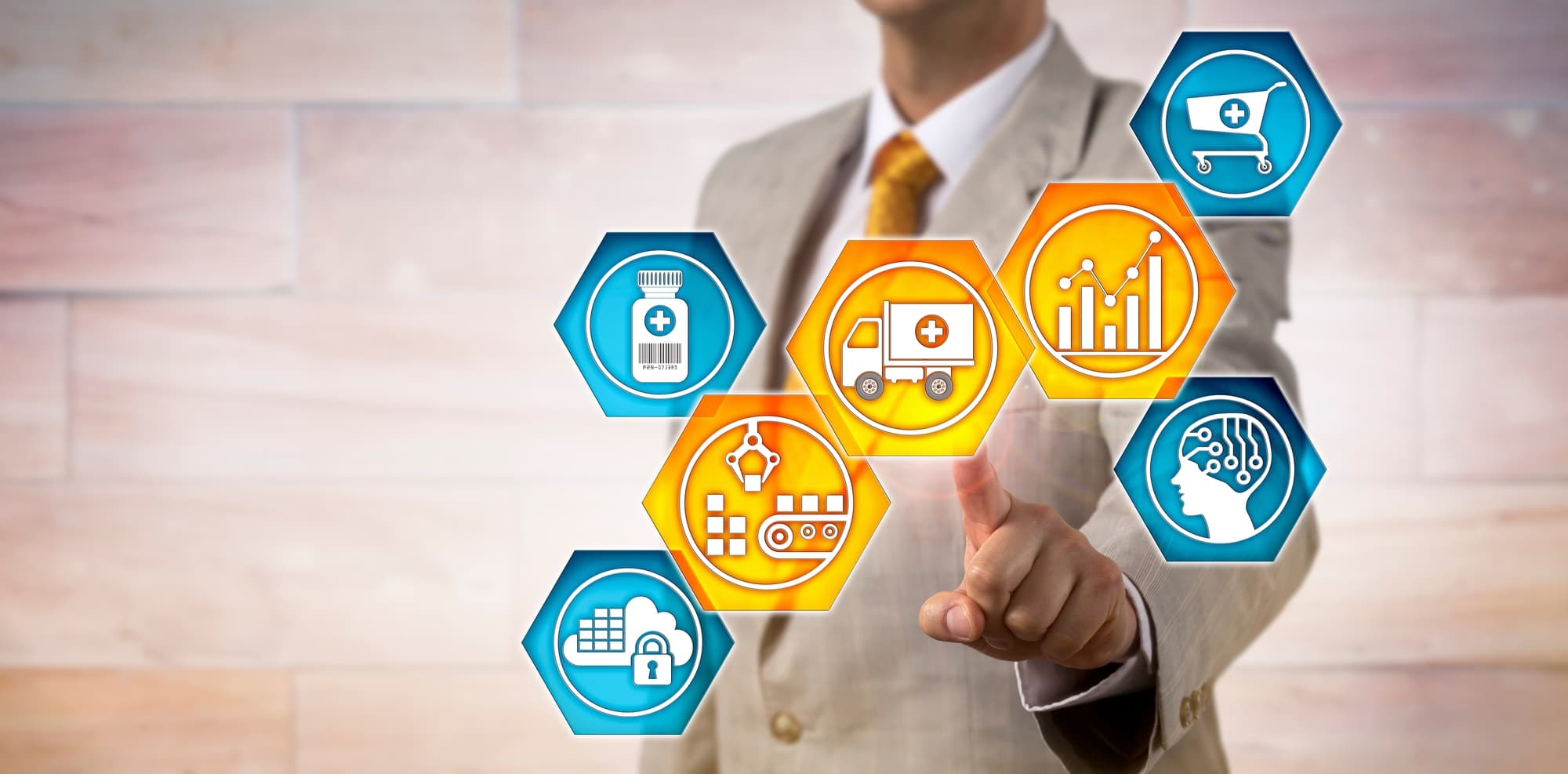 Unrecognizable pharmaceutical logistician activating icons for predictive analytics, materials handling and transportation. IT concept for supply chain management and pharma business logistics.