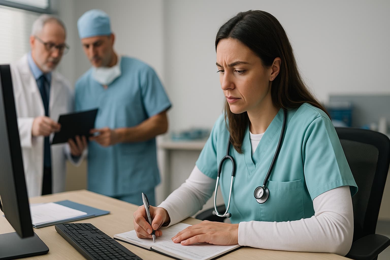 Female medical coder in teal scrubs focused on documenting surgical procedures at a healthcare facility, with doctors reviewing records in the background.