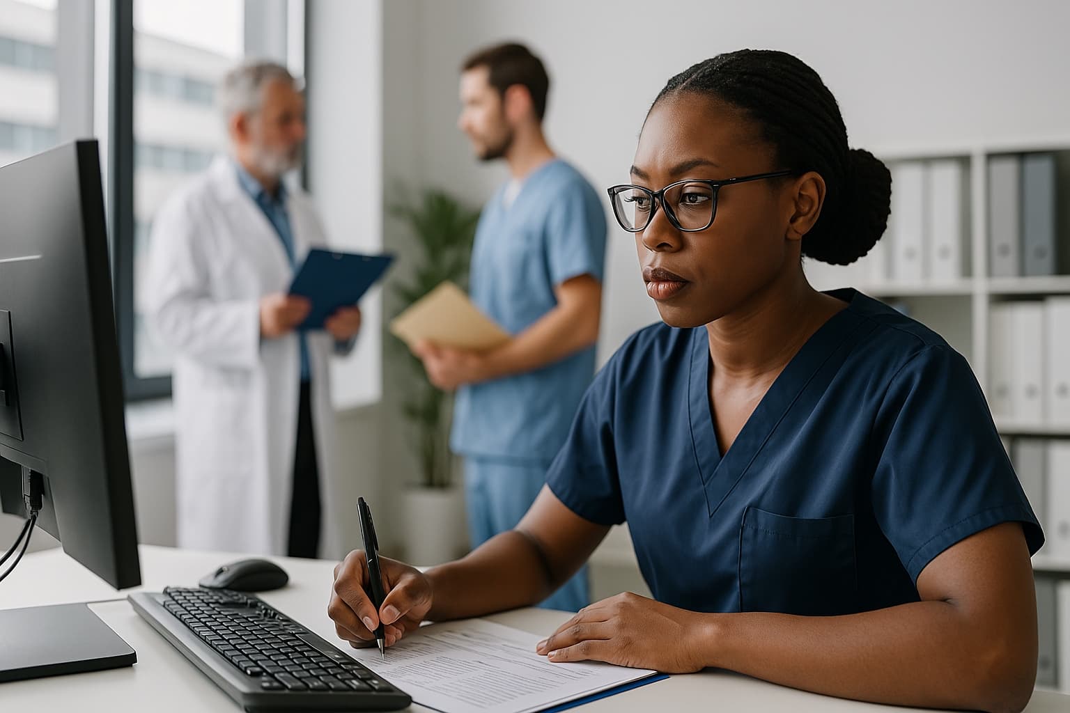 African American healthcare professional in navy scrubs focused on anesthesia billing at a modern medical office, with two doctors discussing in the background under natural light