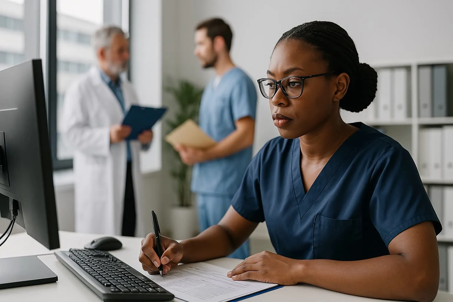 African American healthcare professional in navy scrubs focused on anesthesia billing at a modern medical office, with two doctors discussing in the background under natural light