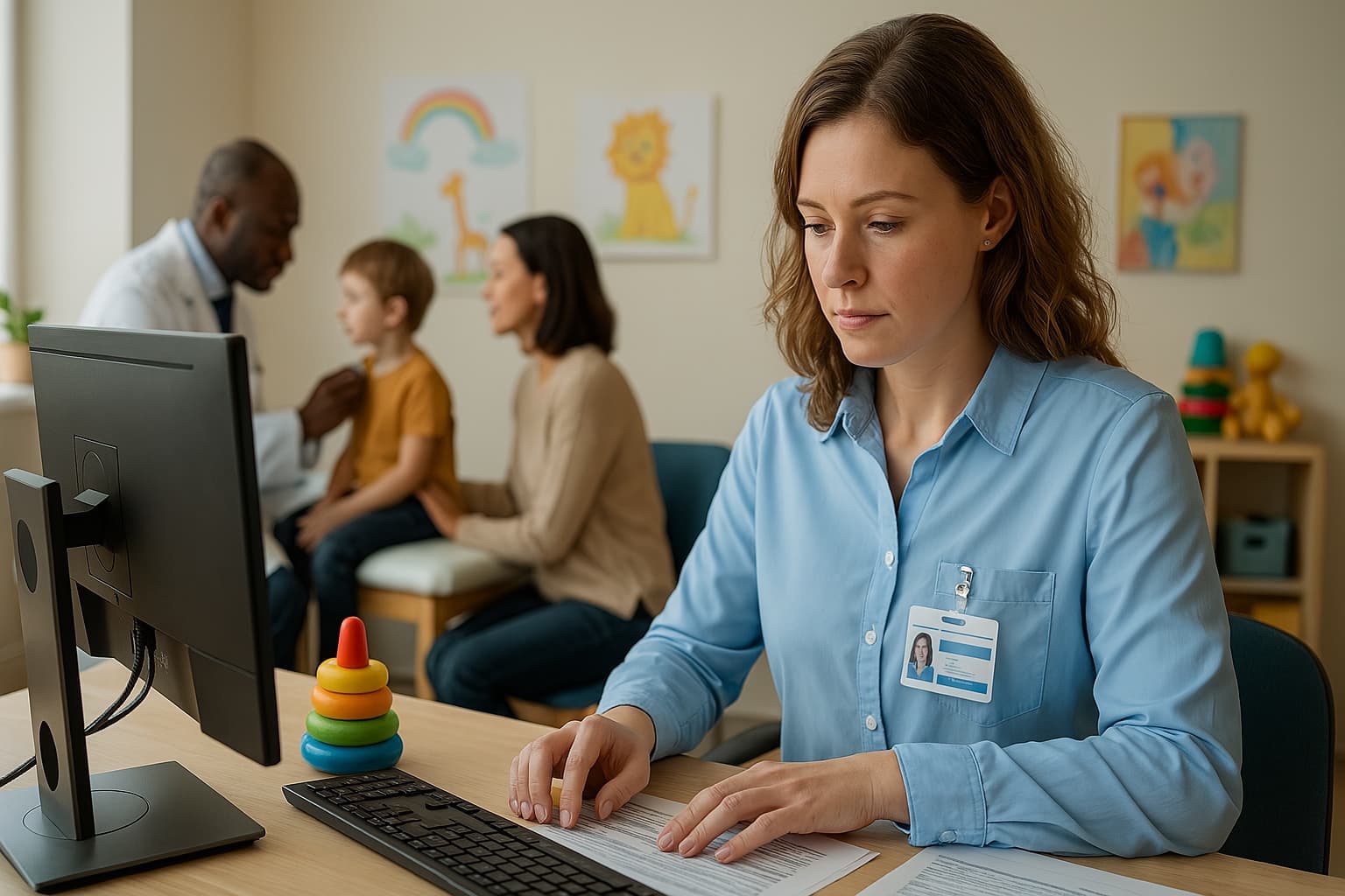 Female medical coder inputting pediatric preventive care billing data in a brightly decorated clinic, with a pediatrician examining a child and mother in the background.