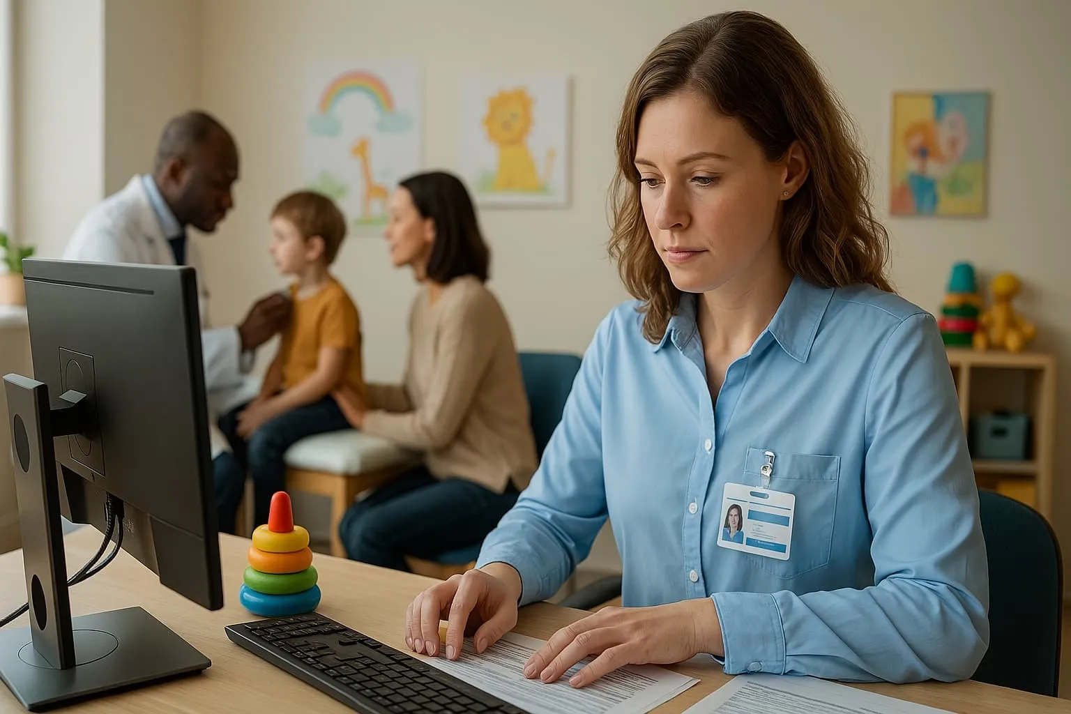 Female medical coder inputting pediatric preventive care billing data in a brightly decorated clinic, with a pediatrician examining a child and mother in the background.