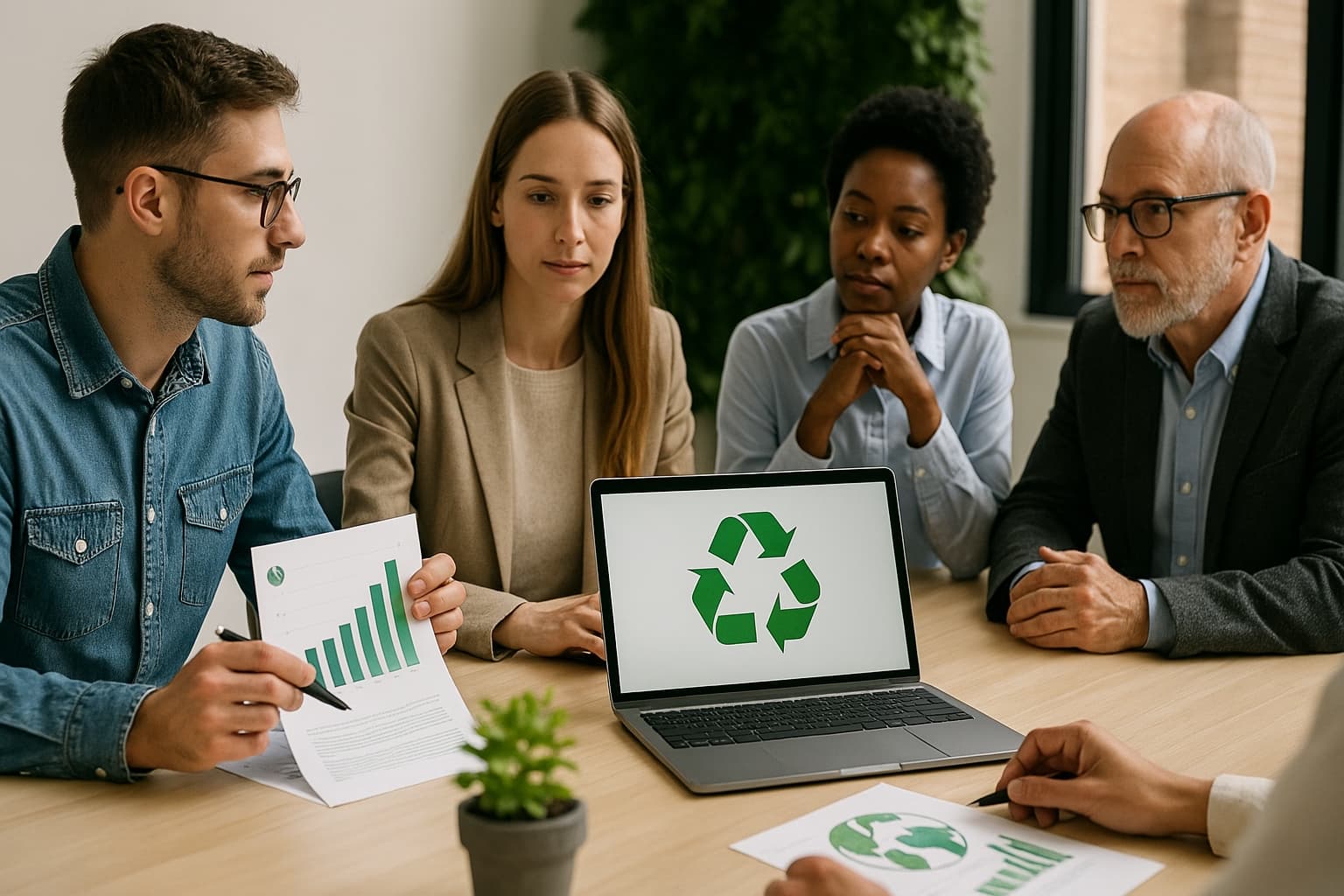 Group of diverse professionals discussing environmental sustainability strategies around a modern conference table, with eco-friendly visuals like a recycling icon on a laptop and a green wall in the background.