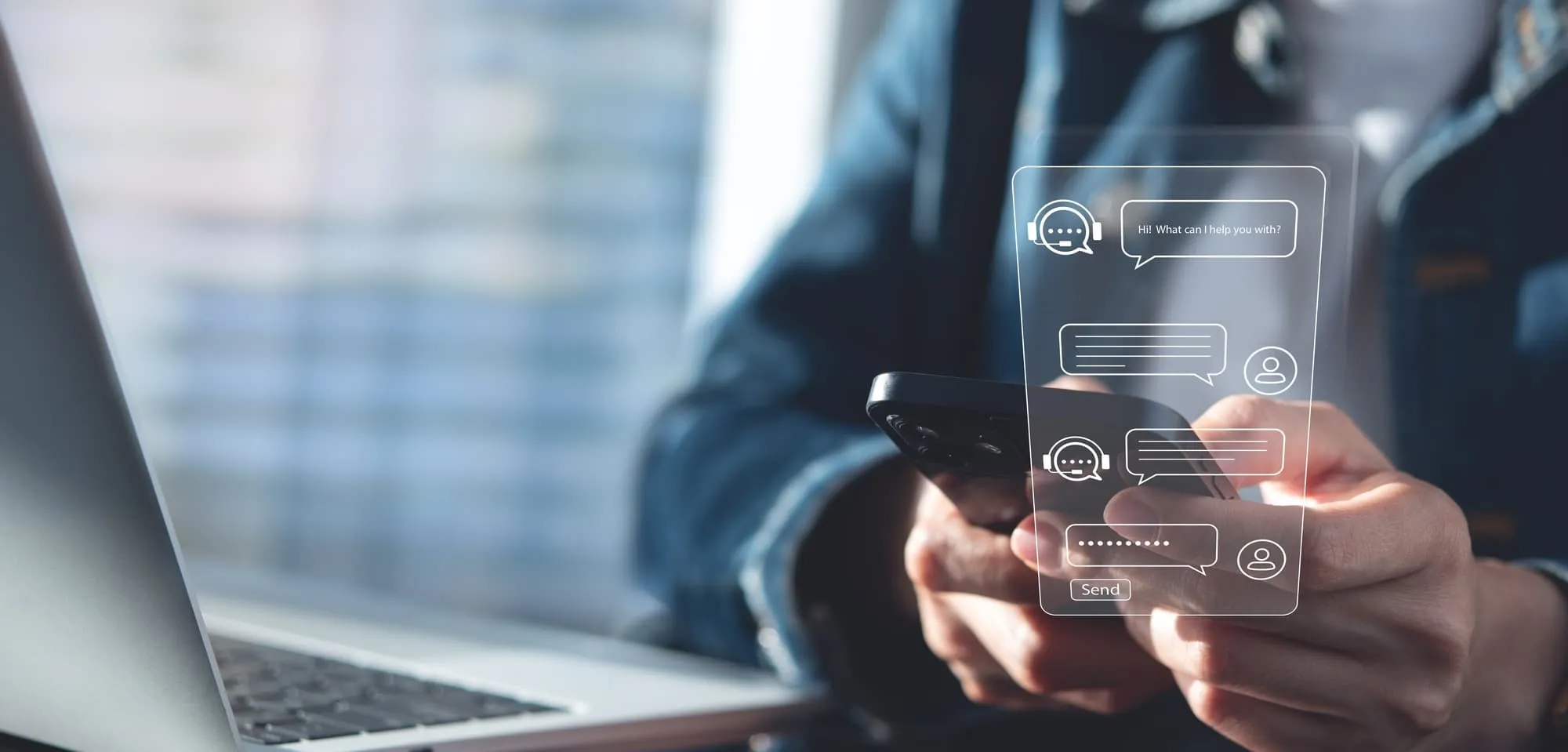 Chatbot conversation assistant. Person using online customer service with chatbot to get support. AI automatic answering machine. Artificial intelligence, customer support center, CONTACT US