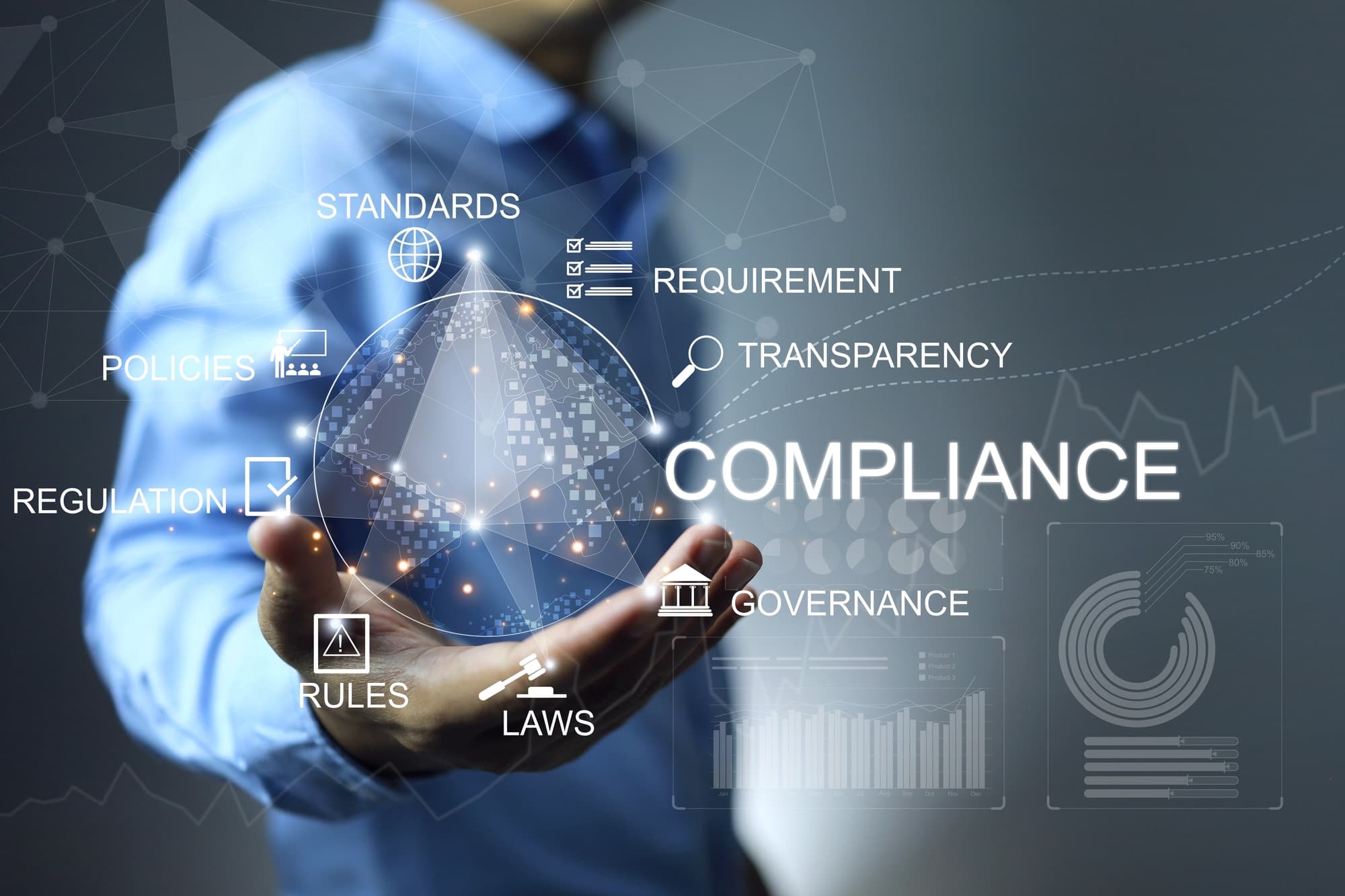 Corporate risk management strategy concept. A businessman is analyzing a virtual risk management interface with critical strategy icons on a laptop screen. Analyze risk assessment, analysis financial,