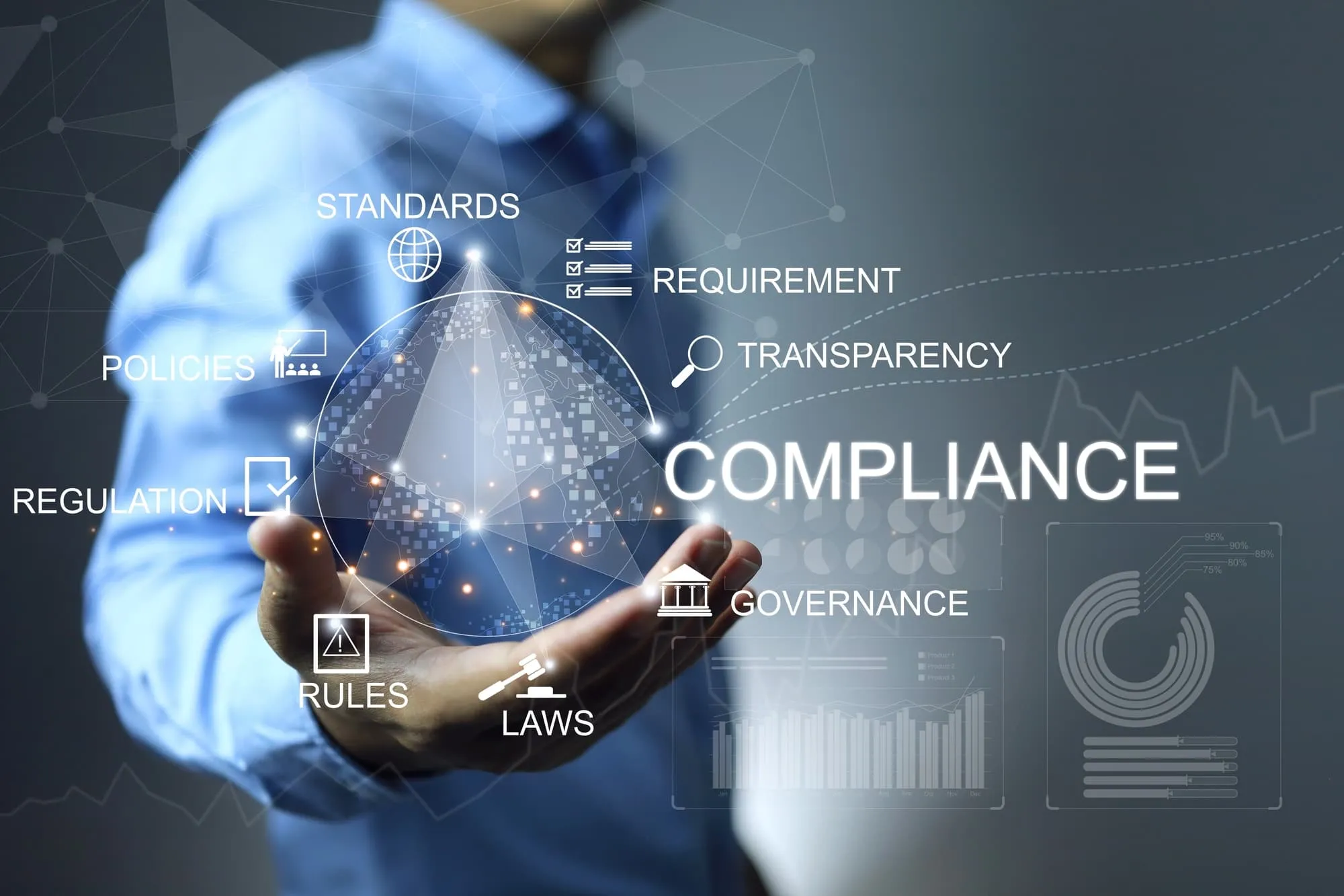 Corporate risk management strategy concept. A businessman is analyzing a virtual risk management interface with critical strategy icons on a laptop screen. Analyze risk assessment, analysis financial,