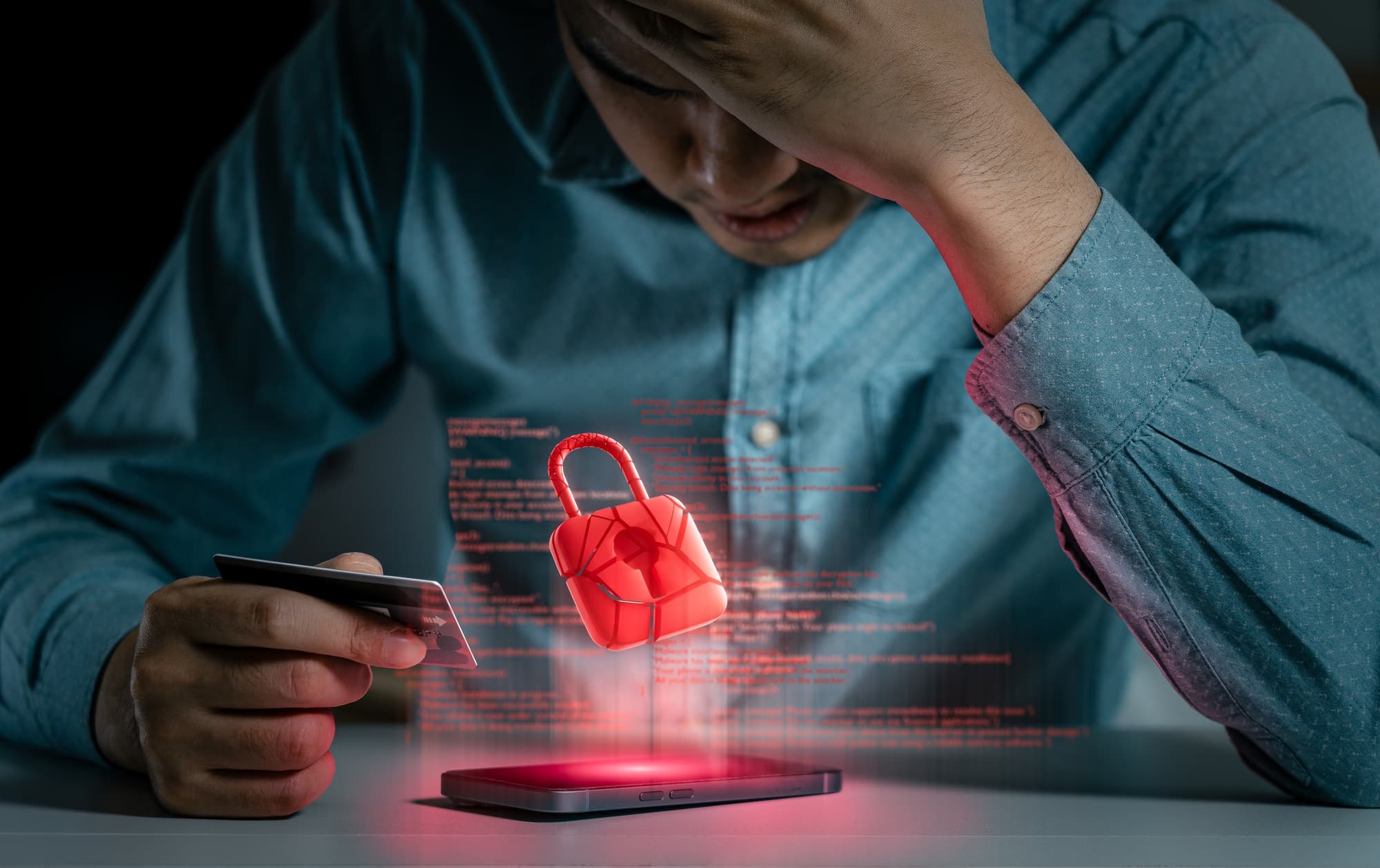 Person experiencing a mobile phone security breach with a red padlock icon and code symbolizing hacking, cyber threats, and data protection