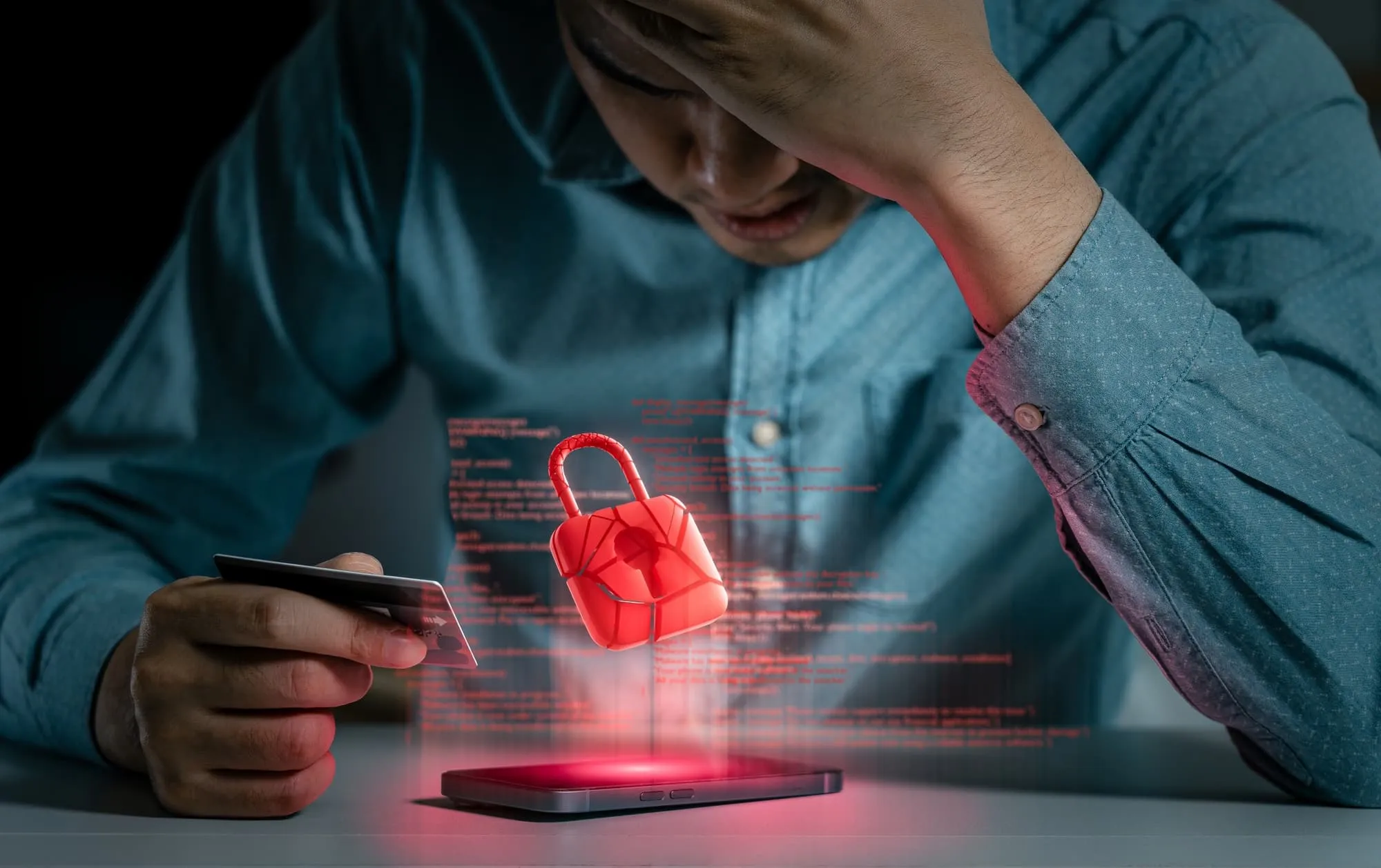 Person experiencing a mobile phone security breach with a red padlock icon and code symbolizing hacking, cyber threats, and data protection