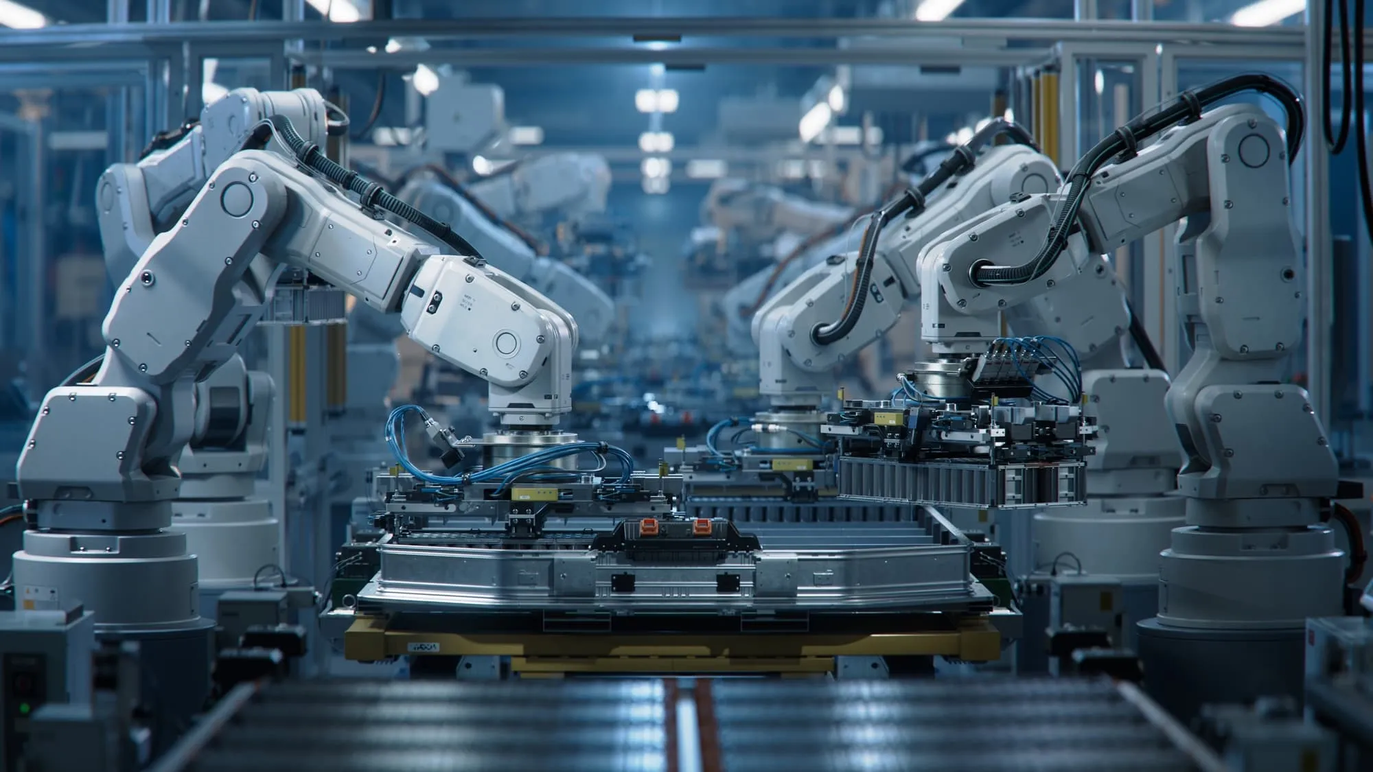Front View Electric Car Battery Manufacturing Line. Industrial Robot Arms Assemble Lithium-Ion EV Battery Pack Inside Automotive Smart Factory. White Robotic Arms at Automated Production Line