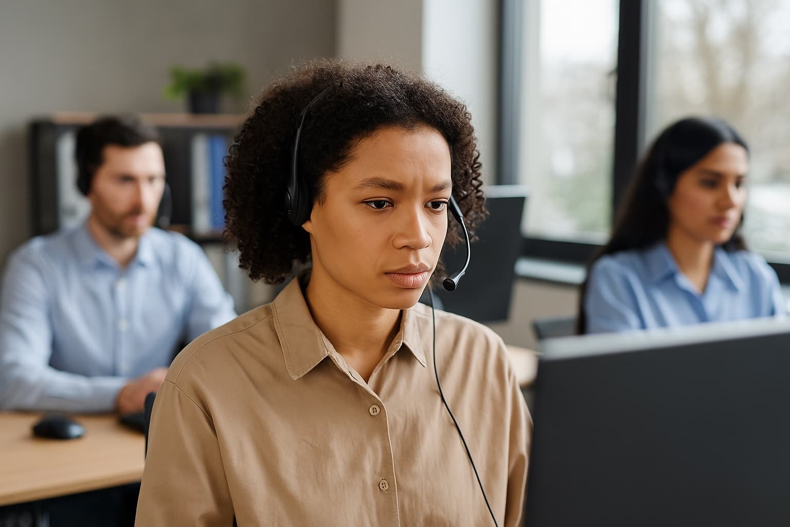 Customer service agents working in a contact center with digital interfaces, showcasing the top contact center predictions for 2023.