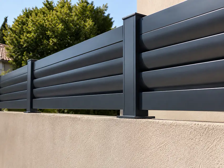 Clôture aluminium posée sur muret devant une maison individuelle.