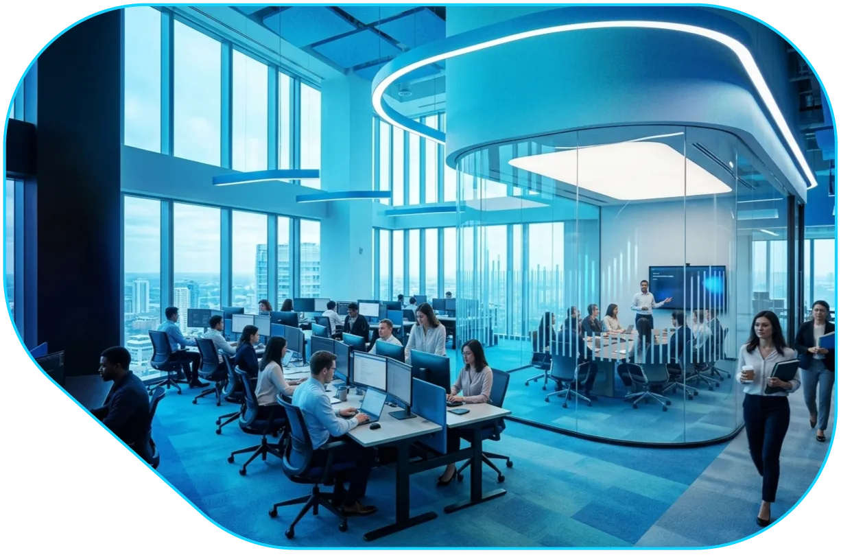Modern open office with people working at desks and meeting in a glass-walled conference room.