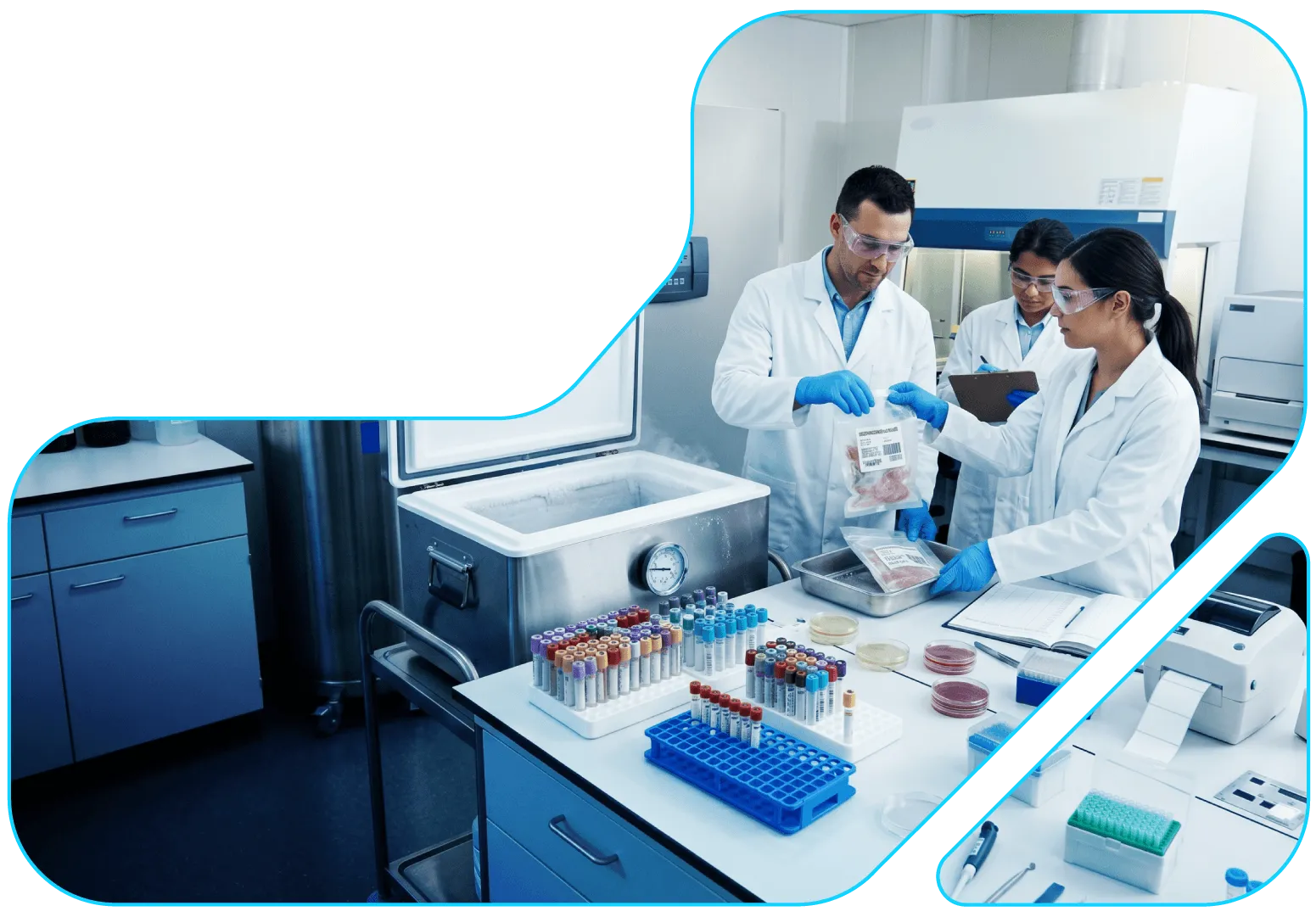 Three scientists in lab coats and gloves handling frozen samples next to a freezer and test tubes.