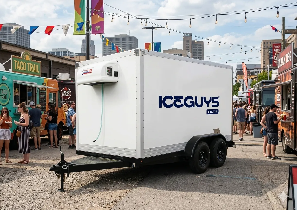 White ICEGUYS Austin trailer parked at outdoor food truck event with people and city buildings in background.