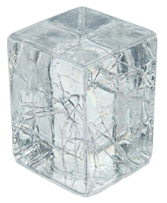 Clear ice cube with internal cracks and bubbles visible inside the transparent block.