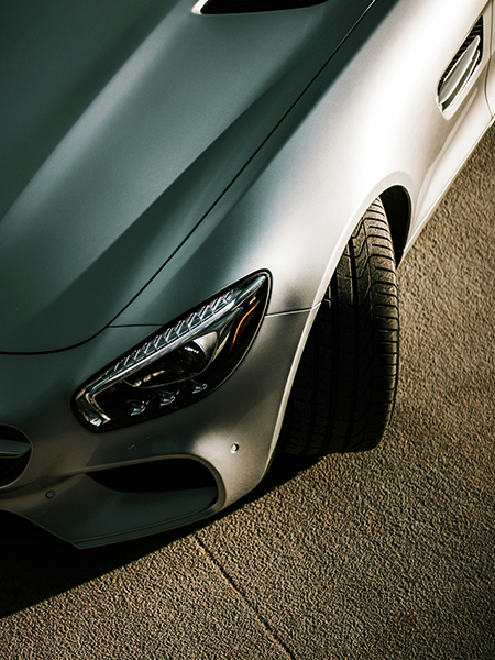 Close up of the front left side of a Mercedes