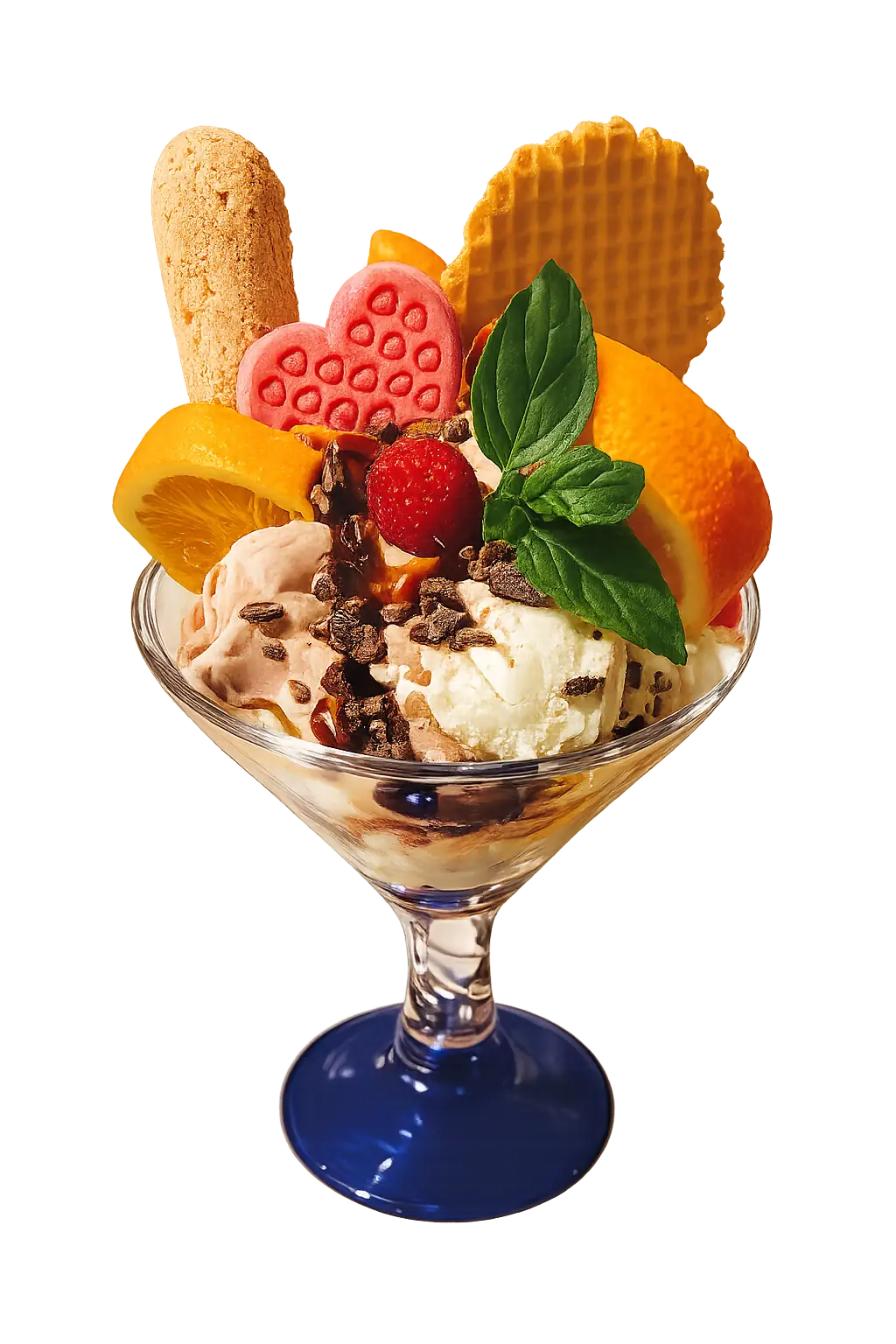 Ice cream sundae with chocolate chips, orange slices, strawberry, heart cookie, wafer, and mint leaves in glass dish.
