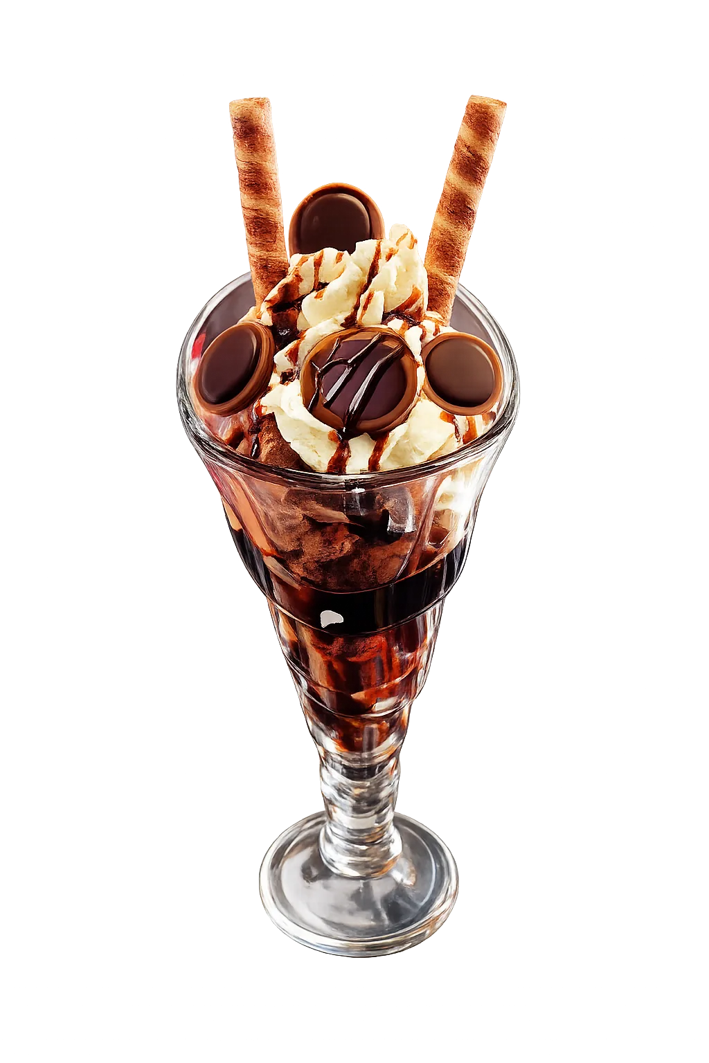 Tall glass sundae with chocolate ice cream, whipped cream, chocolate drizzle, wafer sticks, and chocolate candies.