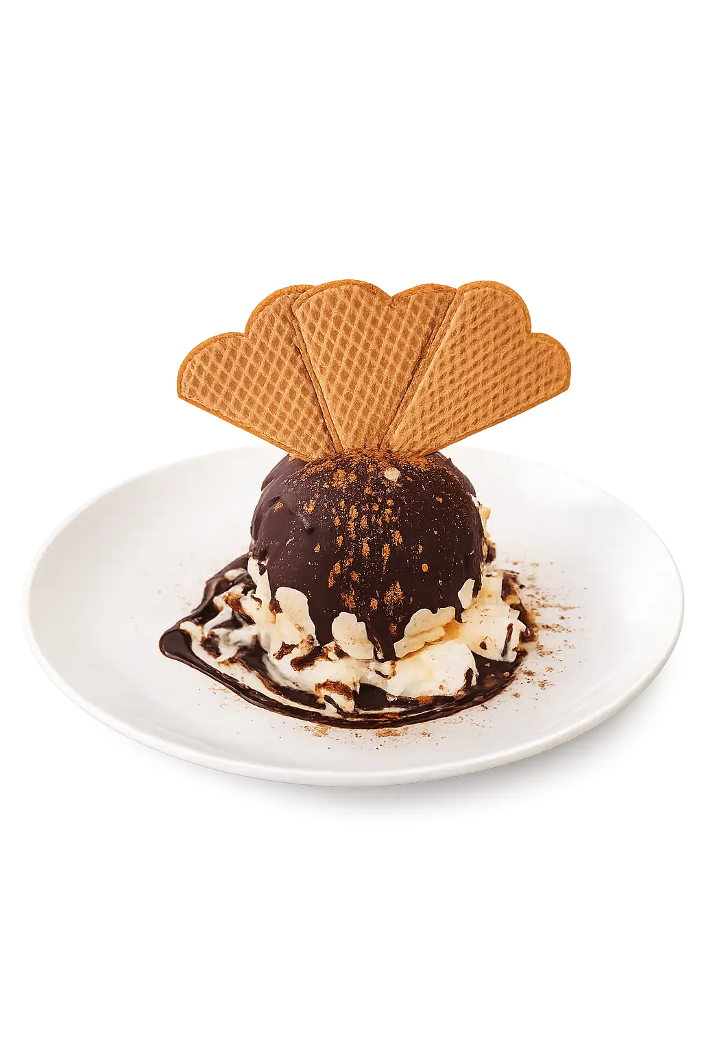 Chocolate-covered ice cream ball on whipped cream with three waffle cookies on a white plate.
