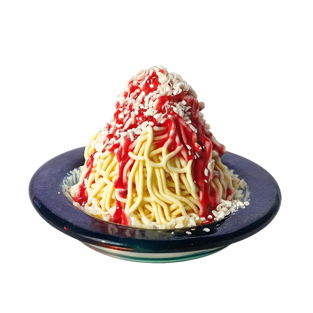 Spaghetti ice cream dessert with vanilla ice cream, strawberry sauce, and white chocolate shavings on blue plate.