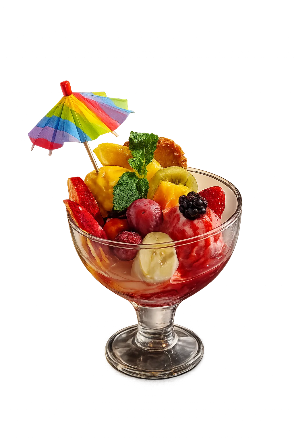 Fruit salad with strawberries, grapes, kiwi, pineapple, and mint in a glass cup with a colorful paper umbrella