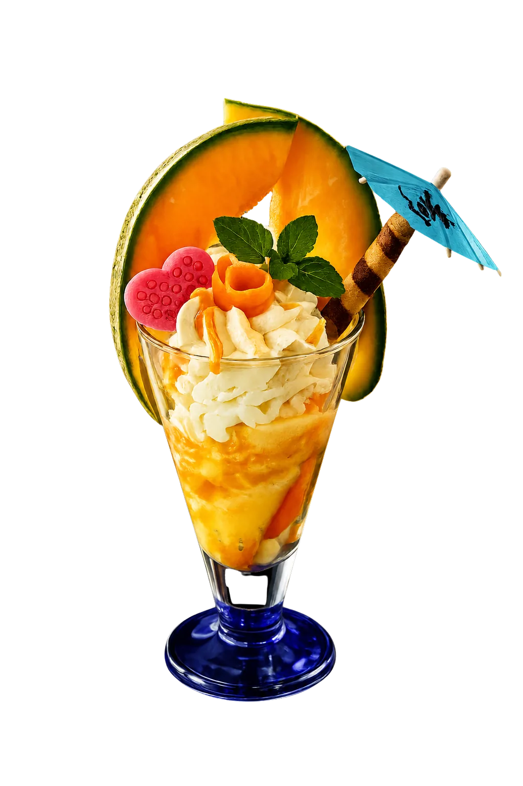 Melon parfait dessert with whipped cream, melon slices, a heart-shaped candy, mint, and a wafer stick.