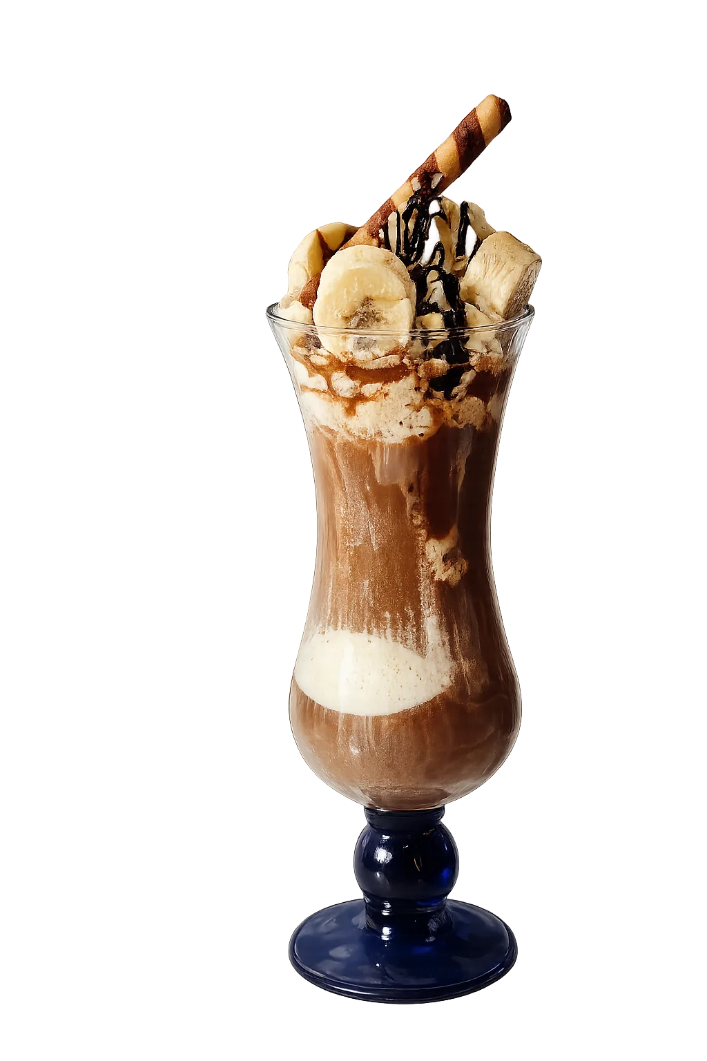 Tall glass of iced coffee topped with banana slices, chocolate drizzle, and a striped wafer stick.