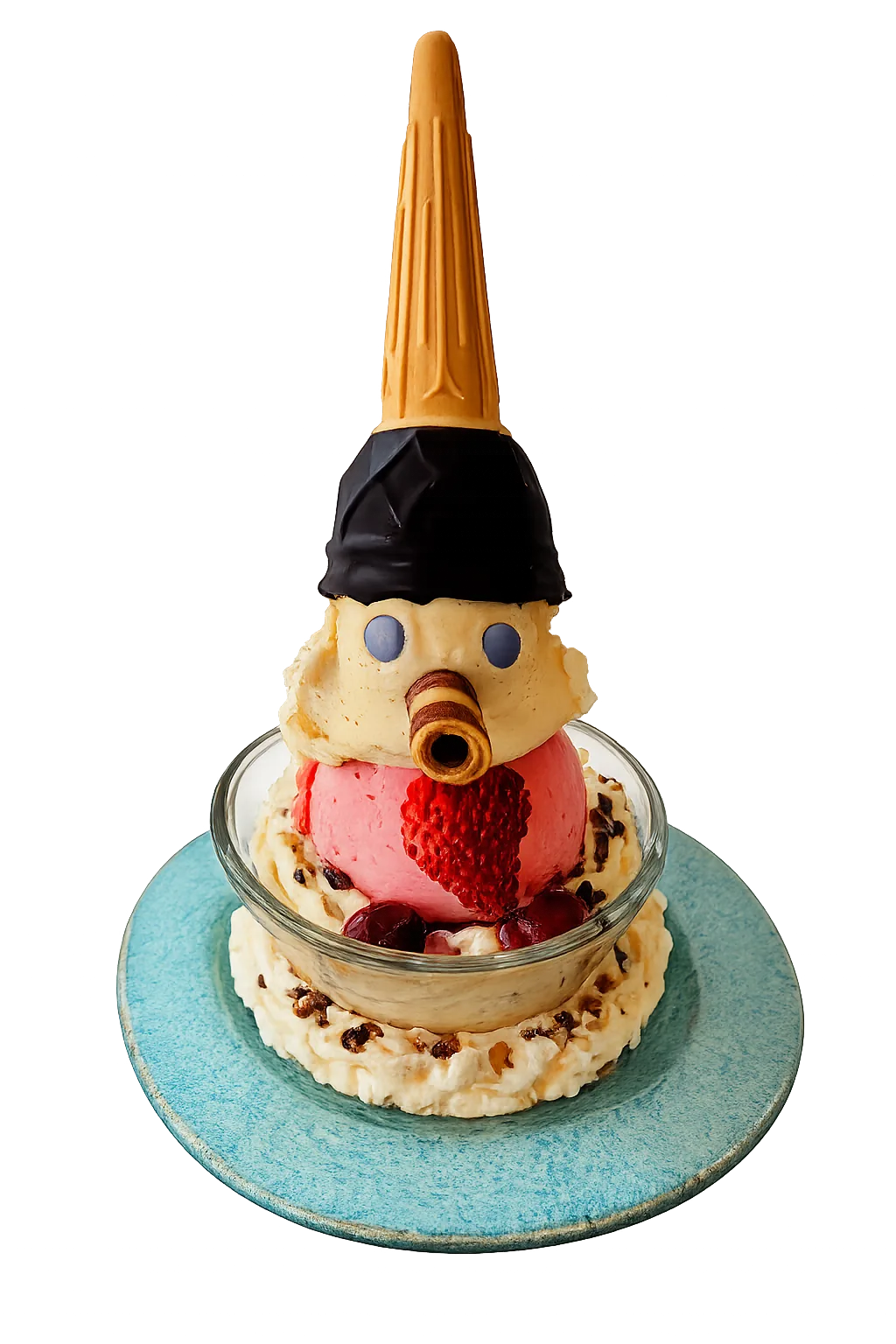 Ice cream dessert styled as a snowman with cone hat, chocolate eyes, wafer nose, and cherries on whipped cream.