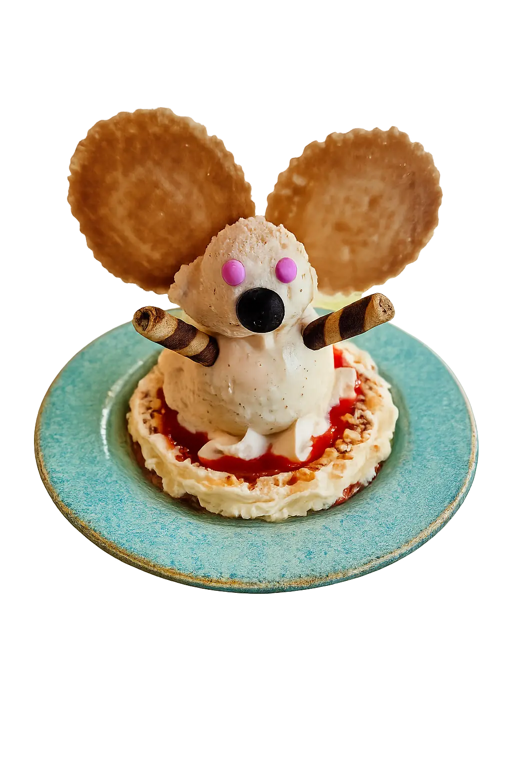 Mouse-shaped ice cream dessert with cookie ears and chocolate wafer arms on a blue plate.
