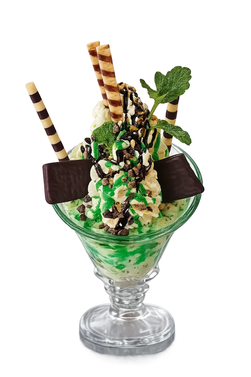Mint chocolate chip ice cream sundae with whipped cream, chocolate drizzle, wafers, and mint leaves in a glass cup.
