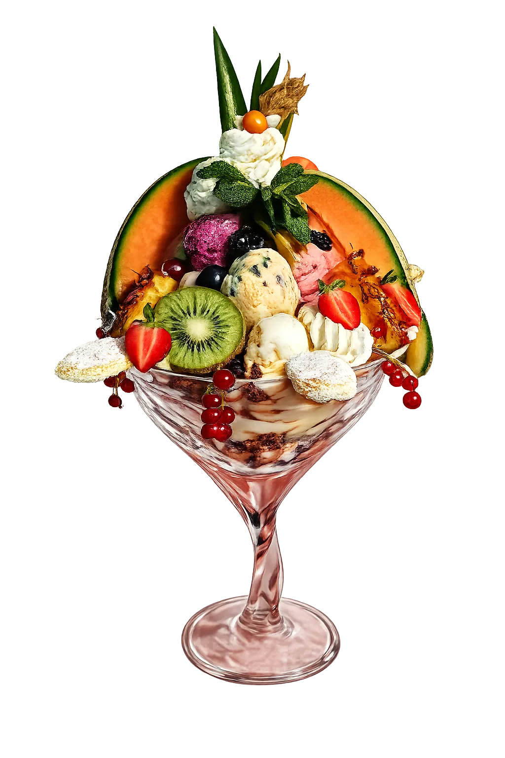 Ice cream sundae in a glass with melon, kiwi, strawberries, red currants, mint, and whipped cream.