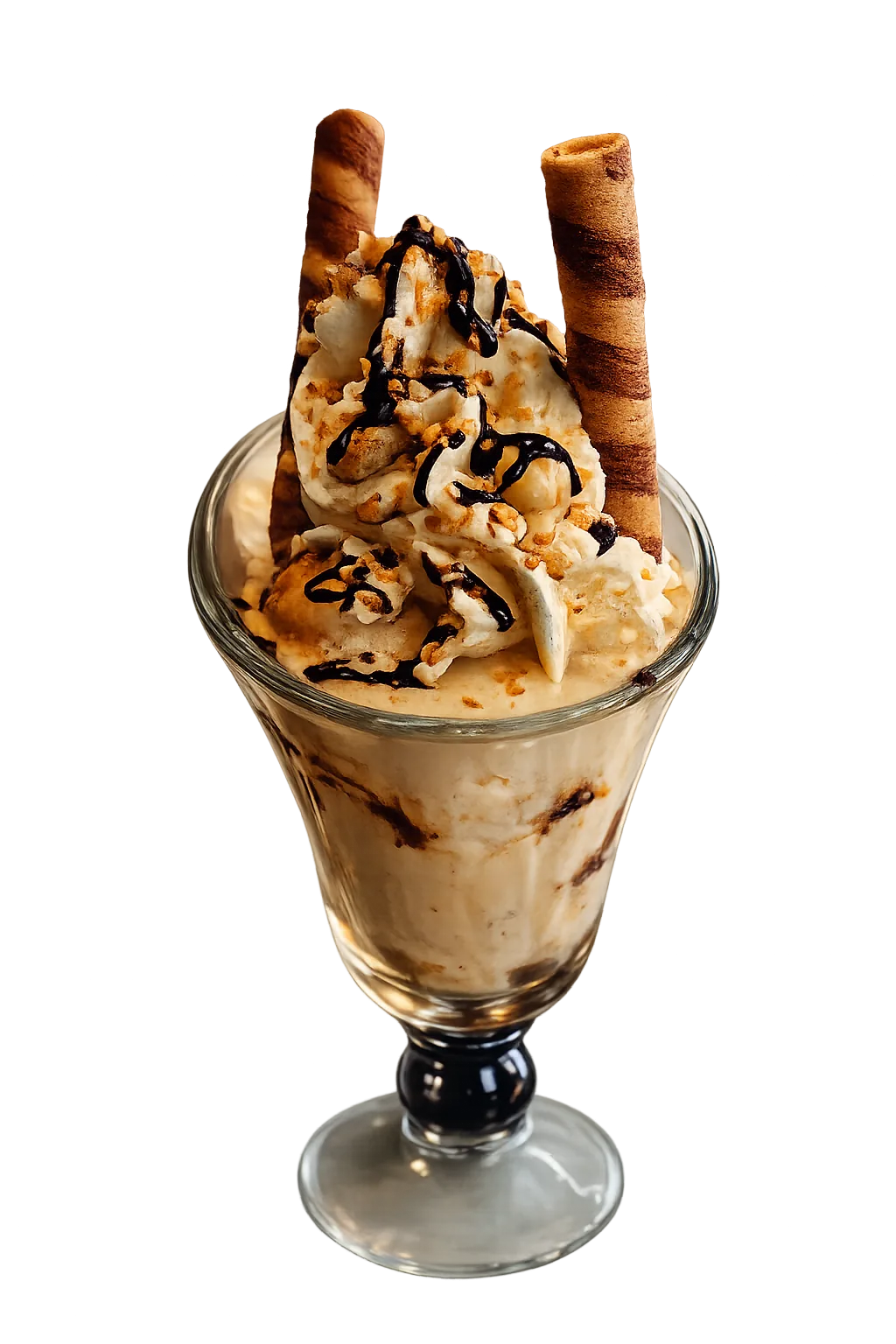 Creamy dessert drink topped with whipped cream, chocolate drizzle, and two chocolate wafer sticks in a glass.